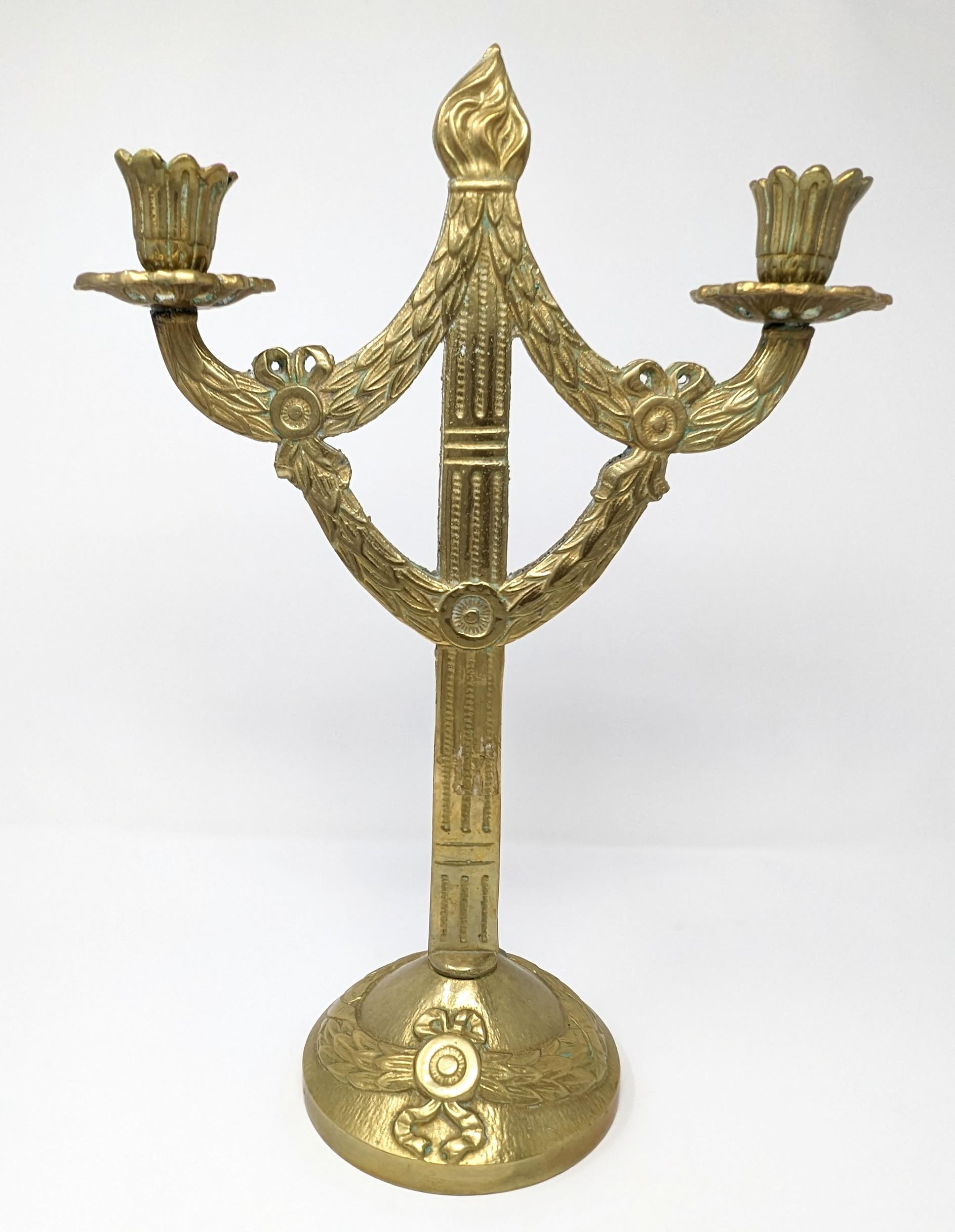 Unknown Antique Brass Candelabra Two Arm Candlestick w/ Classical Ribbon & Wreath Design For Sale