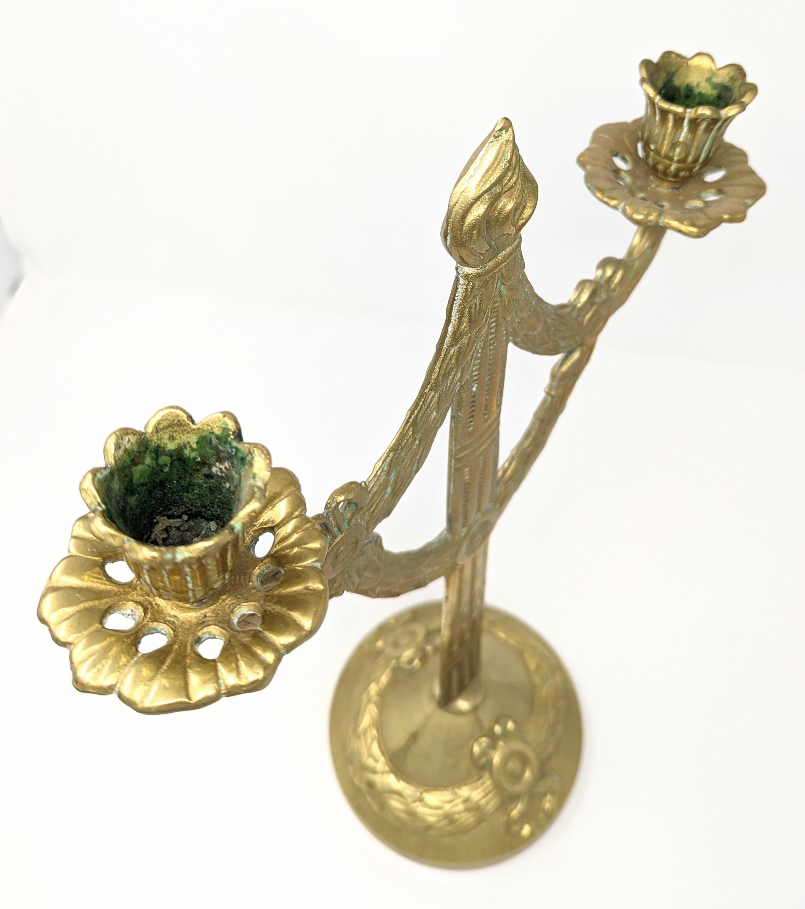 Antique Brass Candelabra Two Arm Candlestick w/ Classical Ribbon & Wreath Design For Sale 1