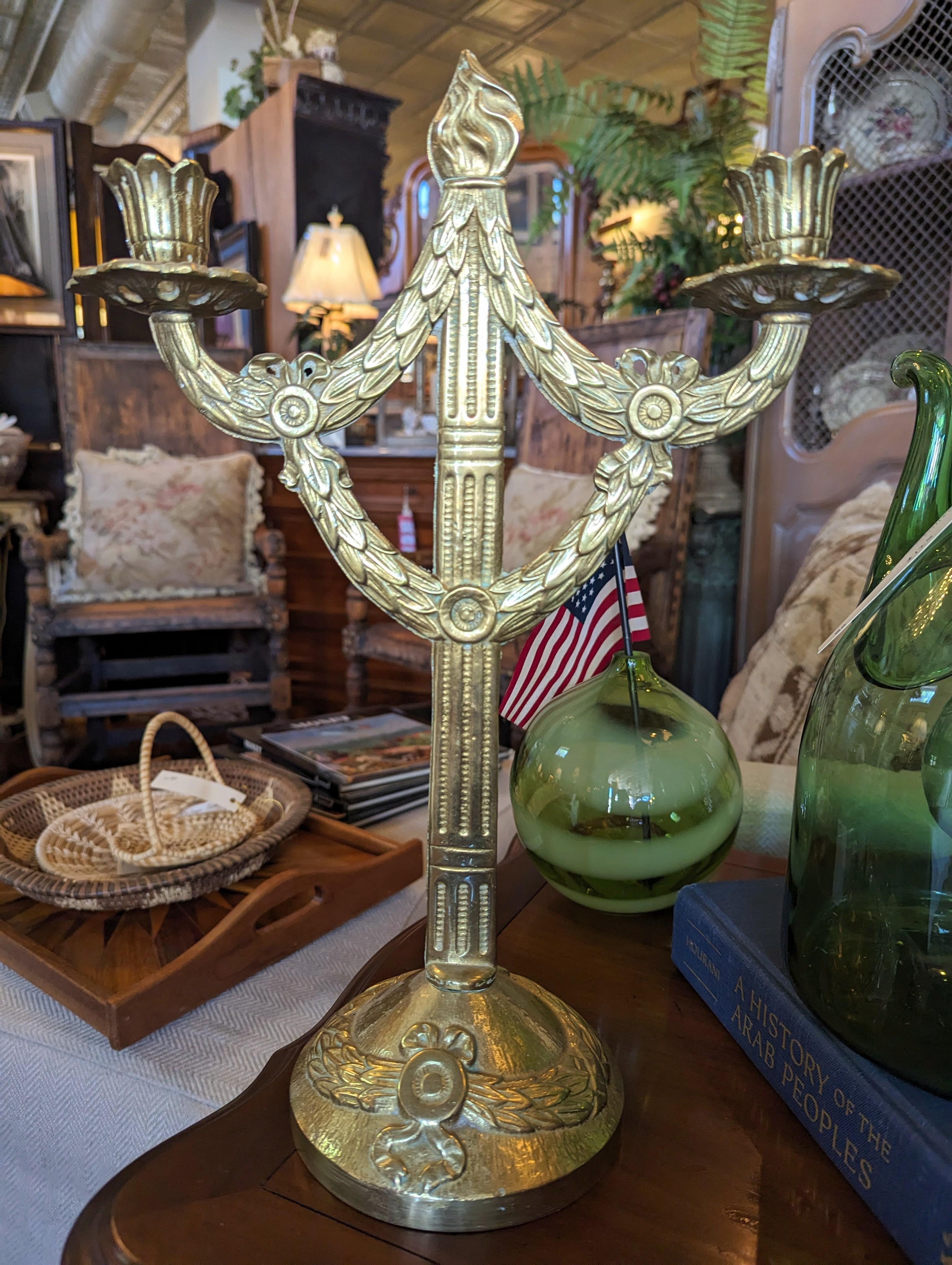 Antique Brass Candelabra Two Arm Candlestick w/ Classical Ribbon & Wreath Design For Sale 2