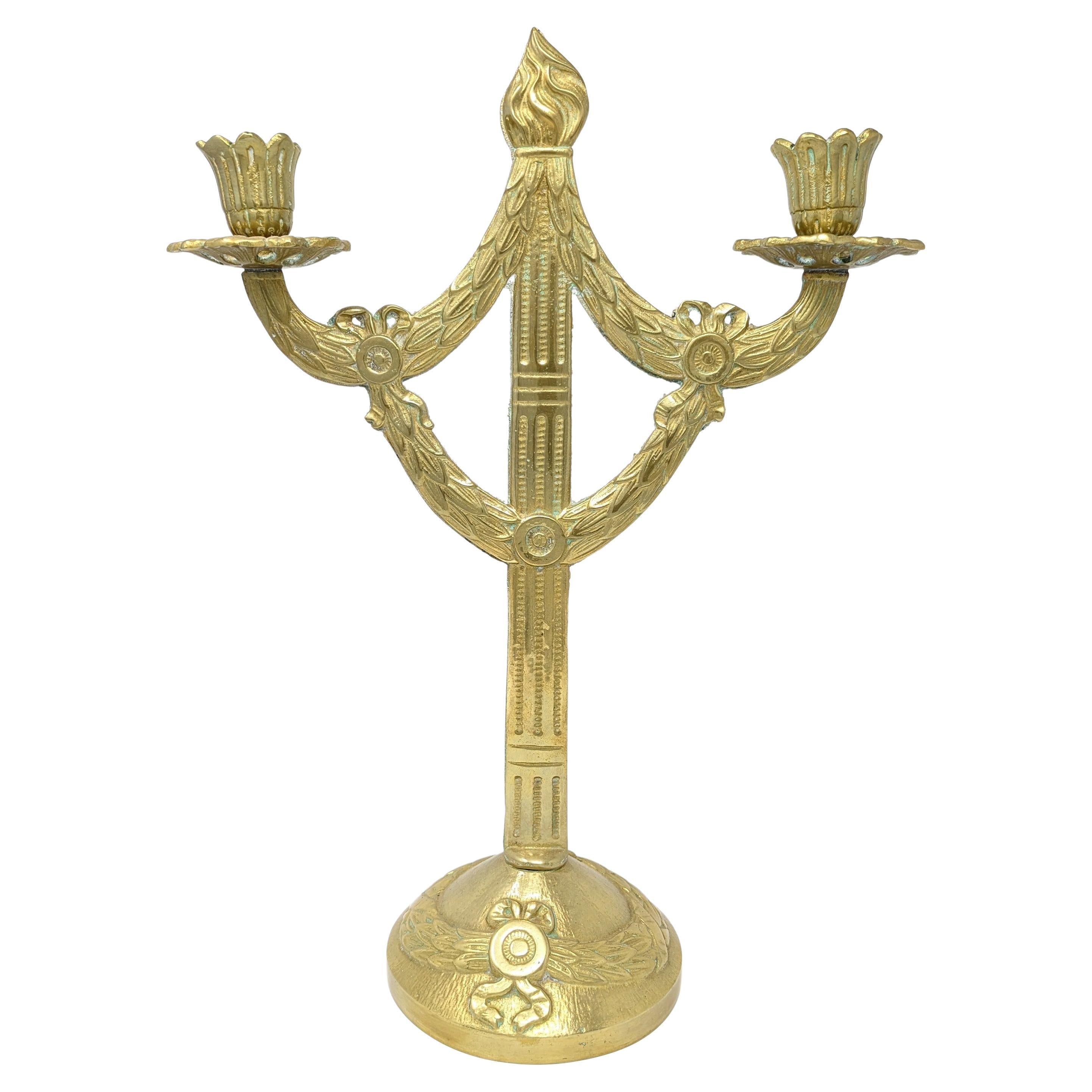 Antique Brass Candelabra Two Arm Candlestick w/ Classical Ribbon & Wreath Design For Sale