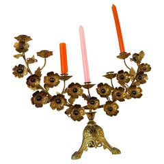 Antique brass candle holder. Brass flowers candelabras. Art nouveau (style) 