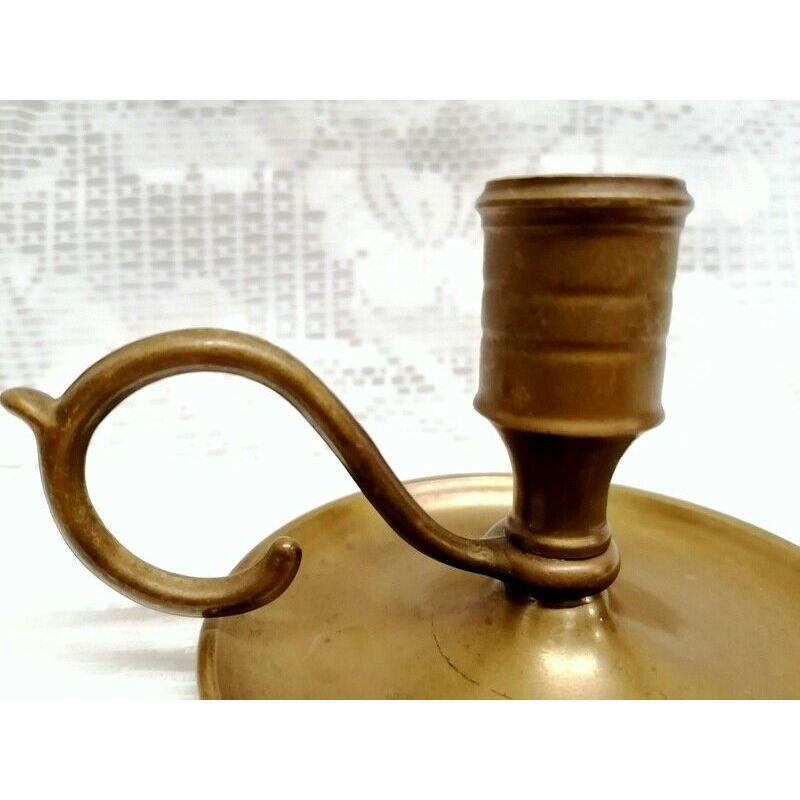 French Antique Brass Candle Stick Holder with Finger Loop For Sale