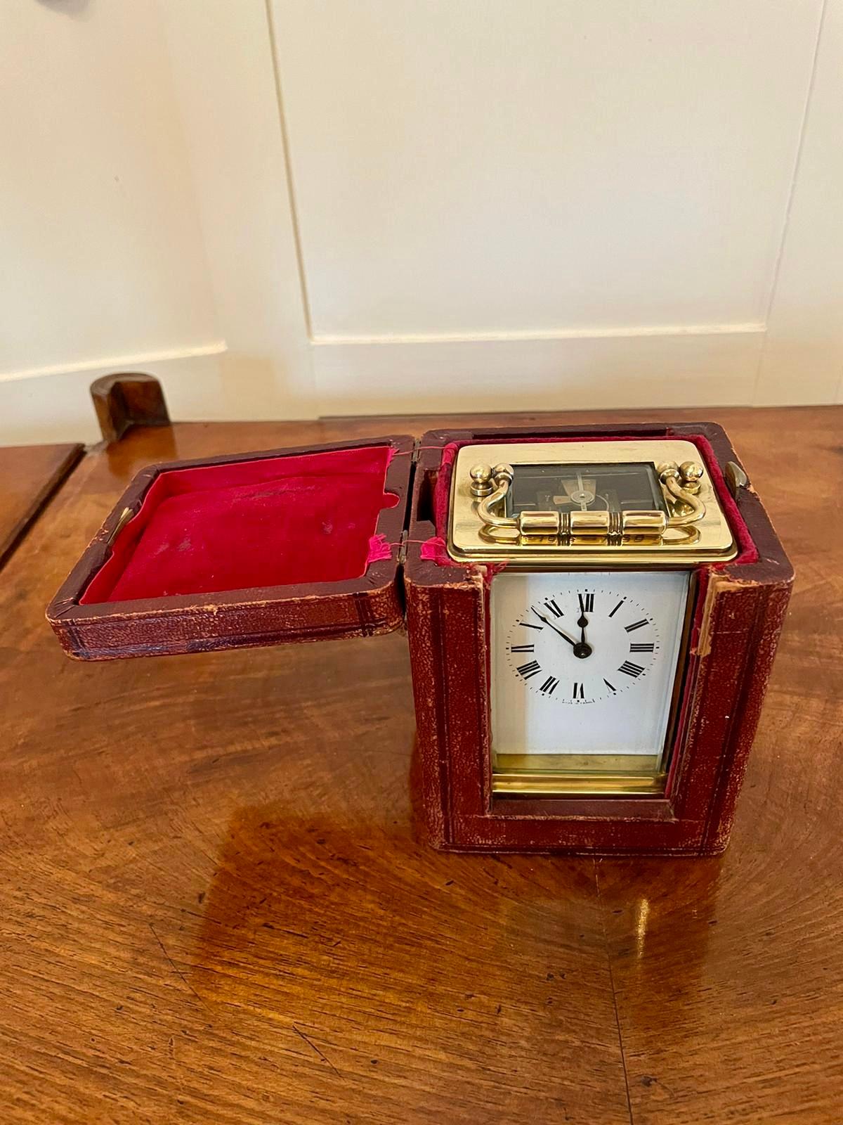 French Antique Brass Carriage Clock with Travelling Case