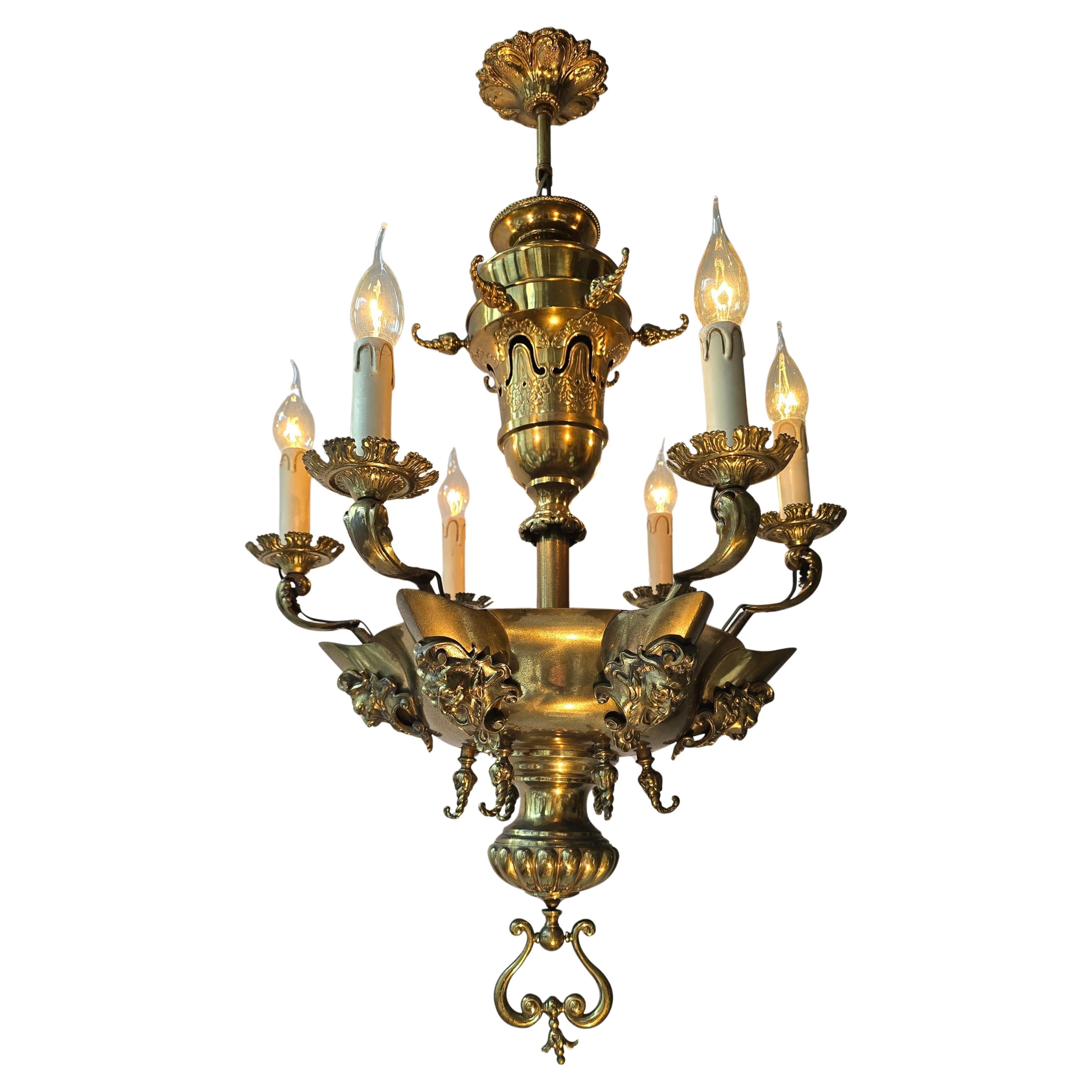 Antique  Brass Chandelier with Grotesque Masks