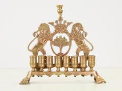 Antique Brass Chanukah Menora with Judicia Lions