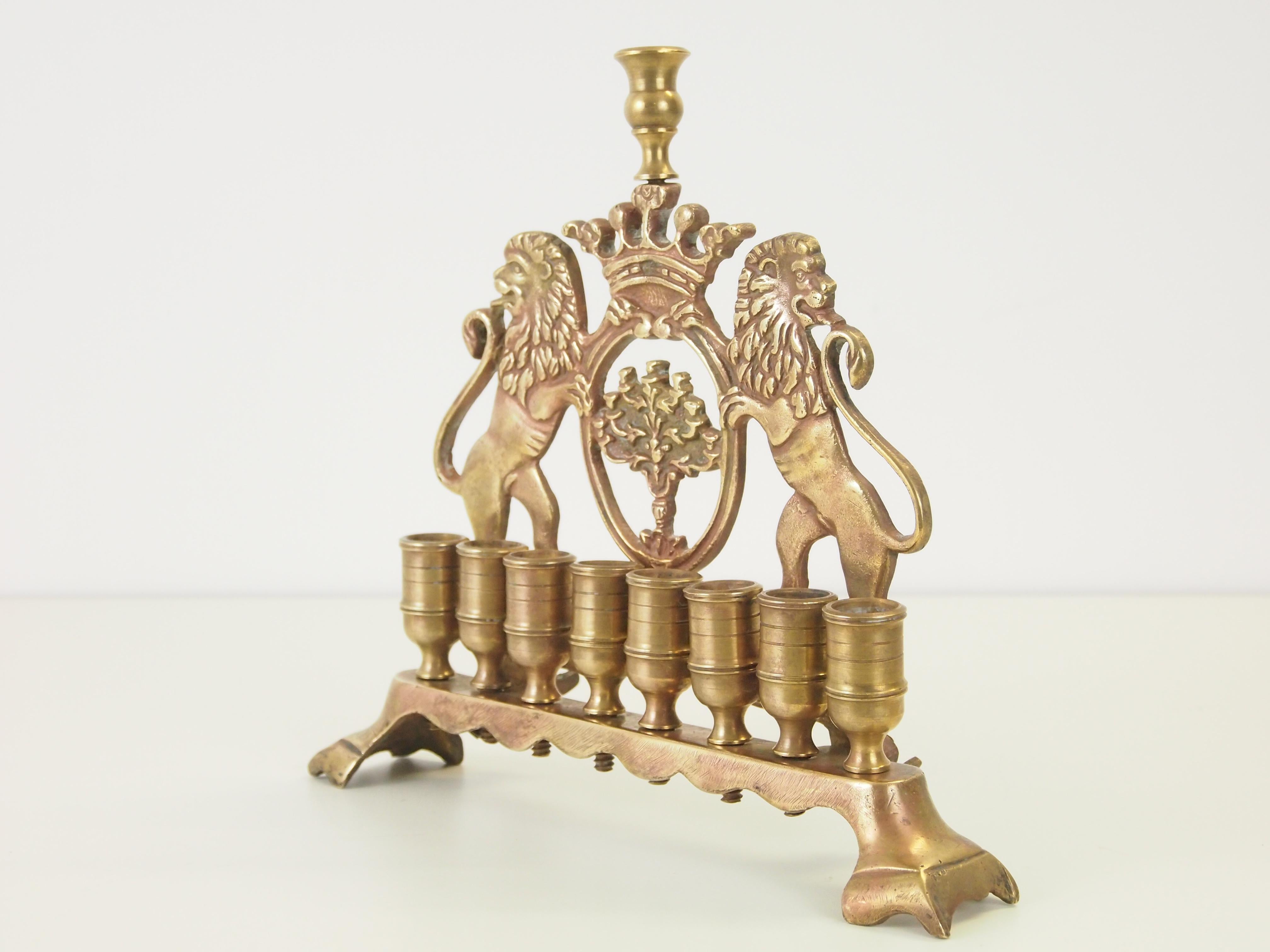 International Style Antique Brass Chanukah Menora with Judicia Lions For Sale