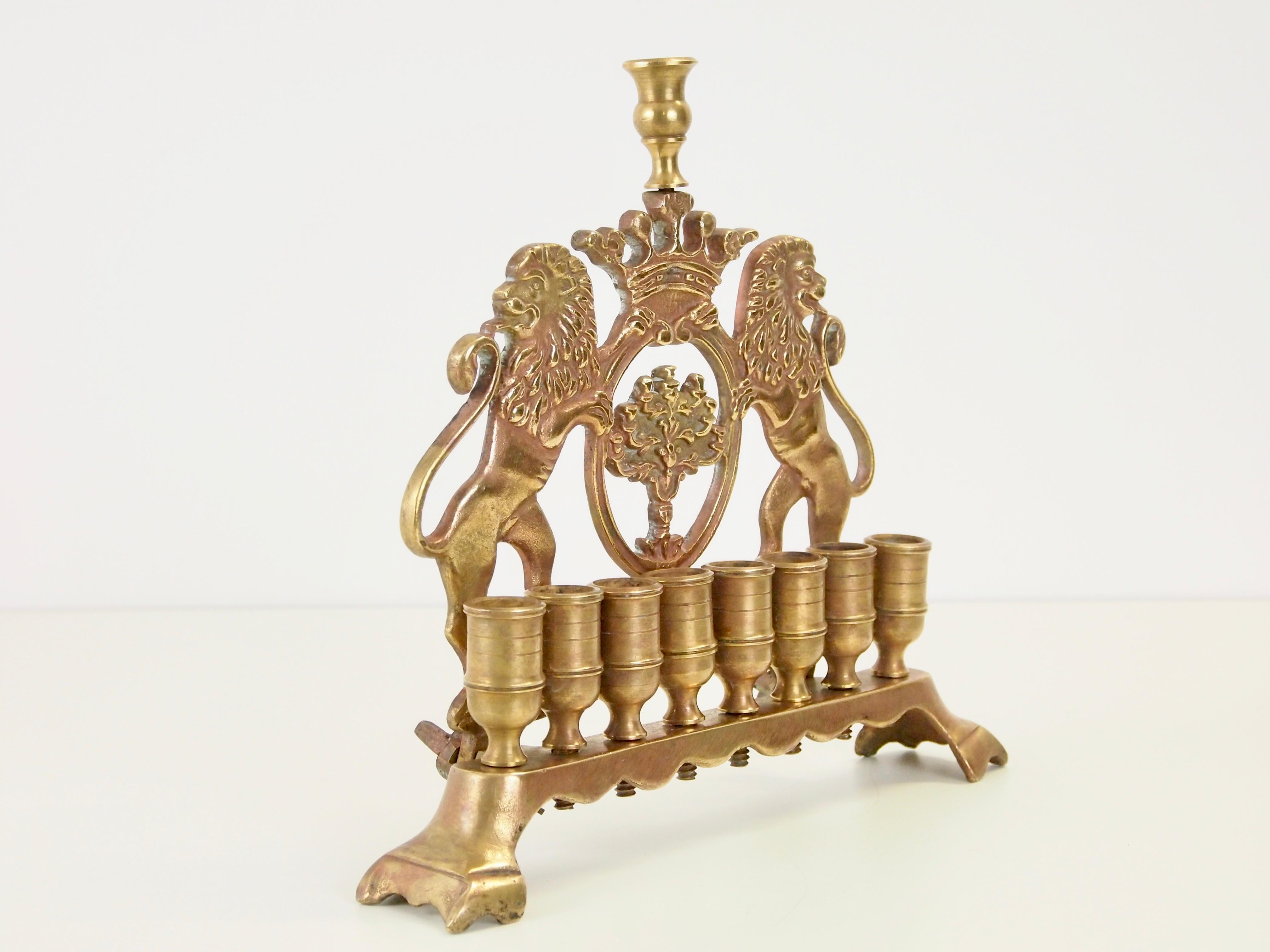 European Antique Brass Chanukah Menora with Judicia Lions For Sale