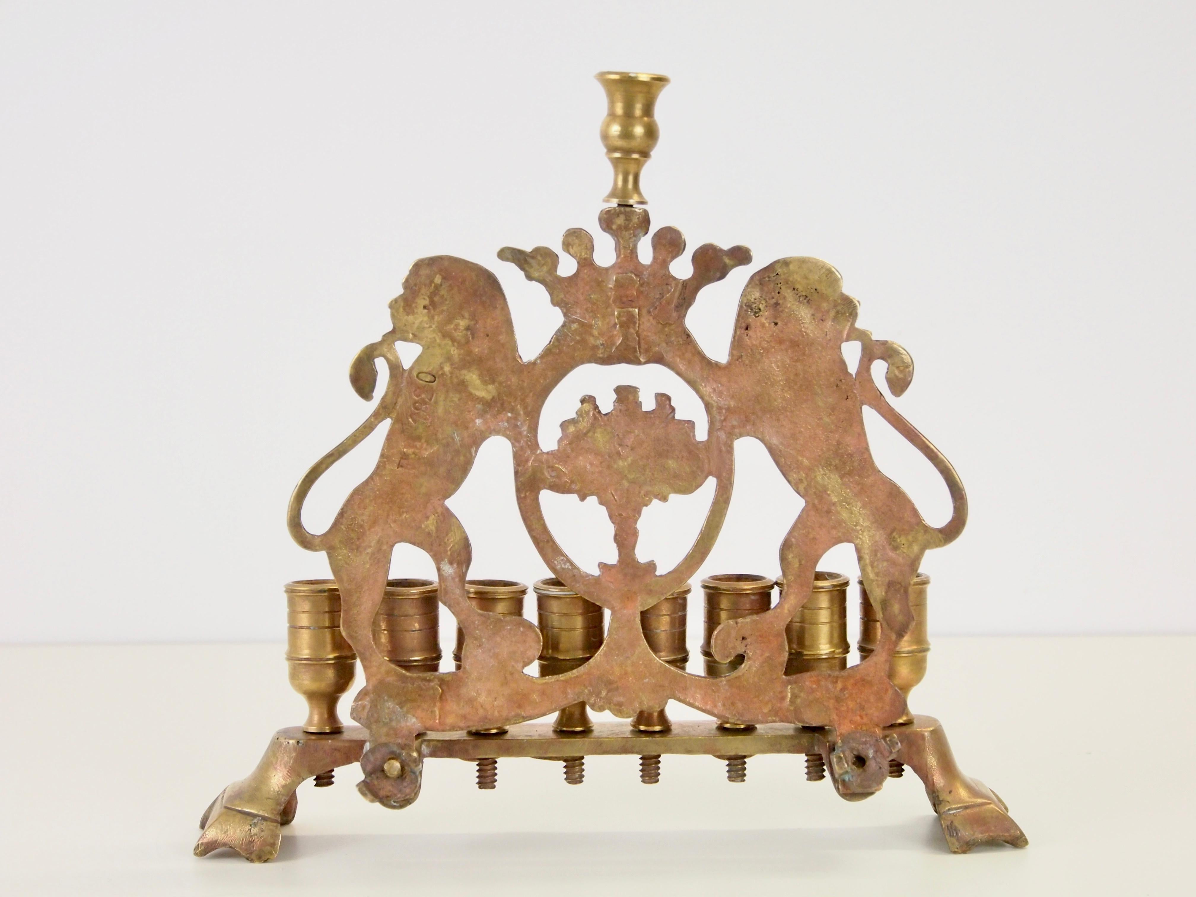 Cast Antique Brass Chanukah Menora with Judicia Lions For Sale