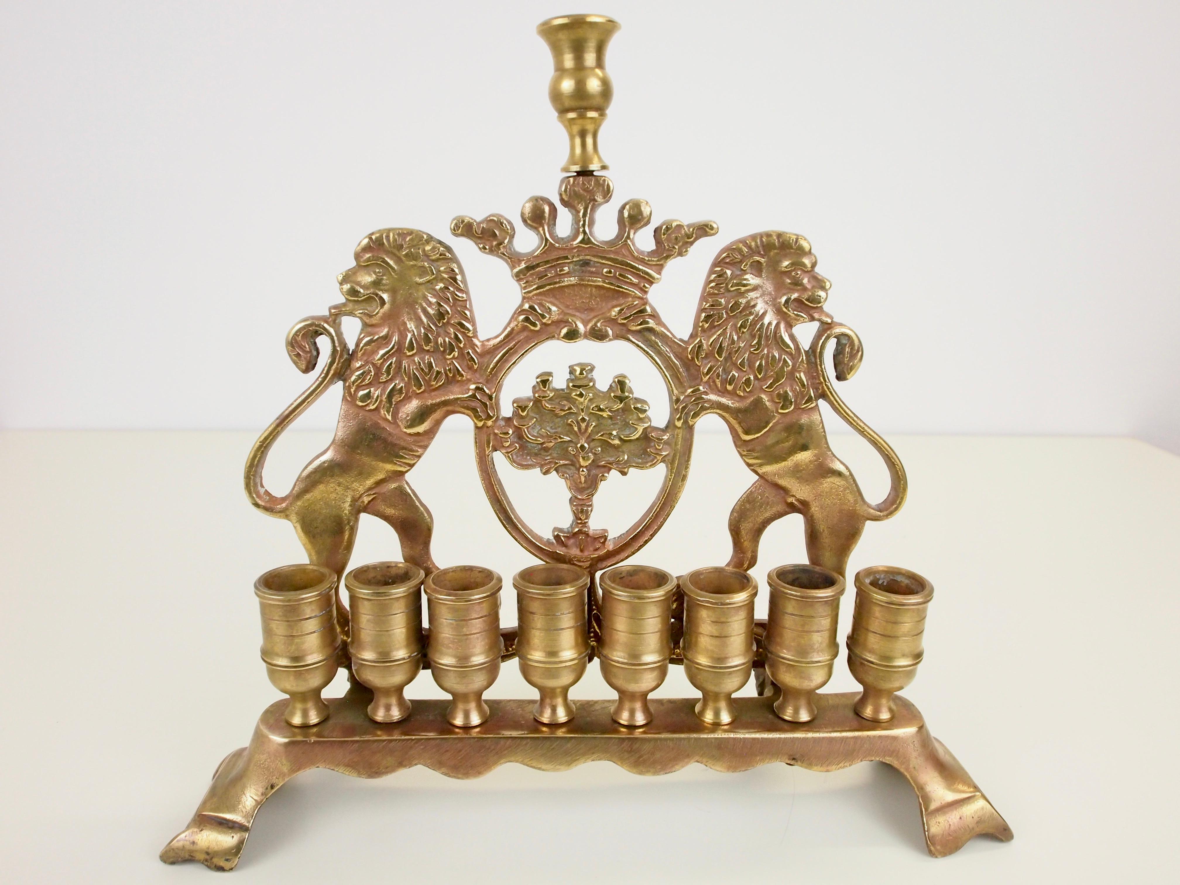 Antique Brass Chanukah Menora with Judicia Lions For Sale 1