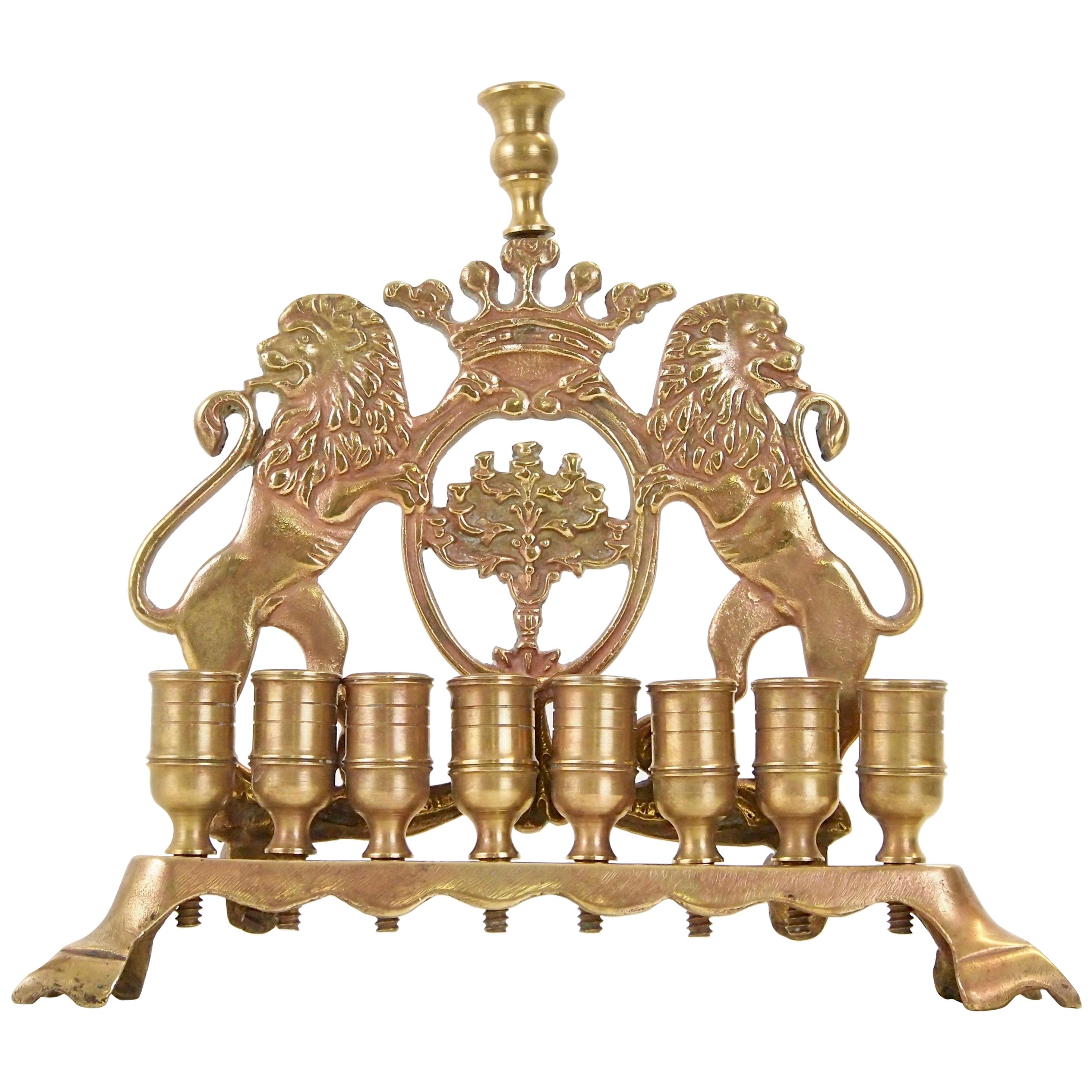 Antique Brass Chanukah Menora with Judicia Lions For Sale