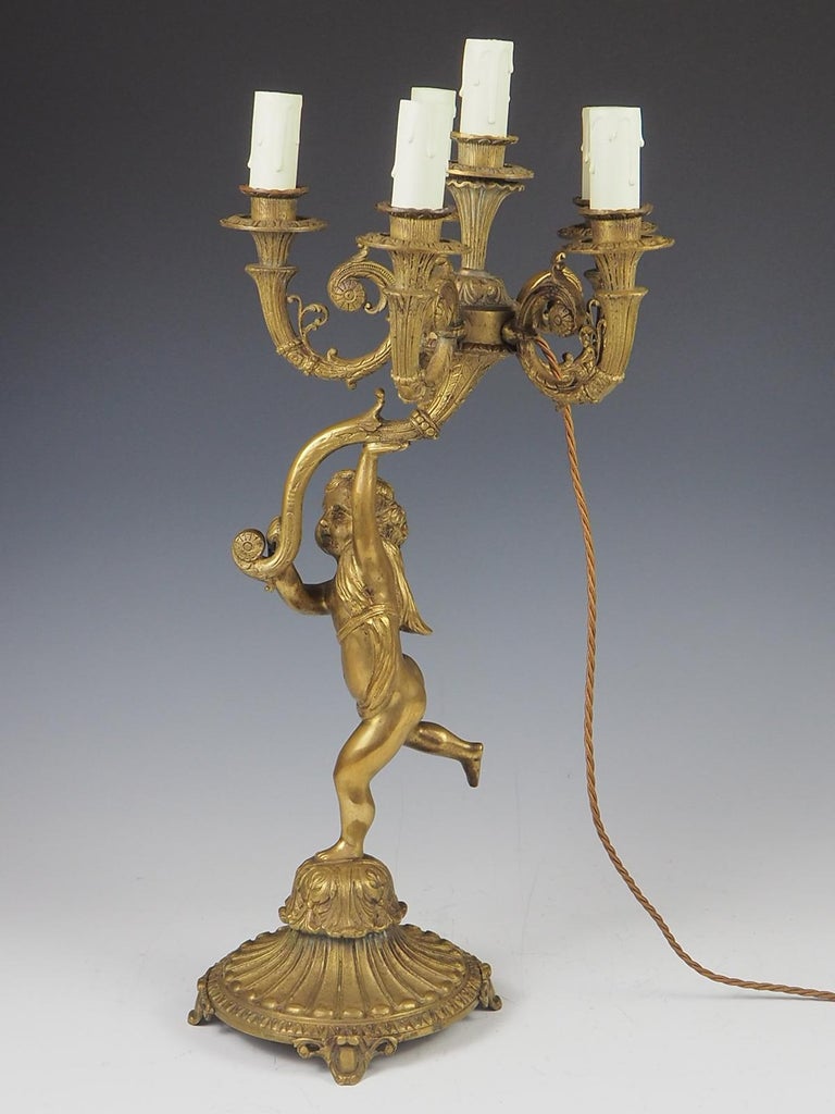 Antique Brass Cherub 6 Light Candelabra Lamp For Sale at 1stDibs