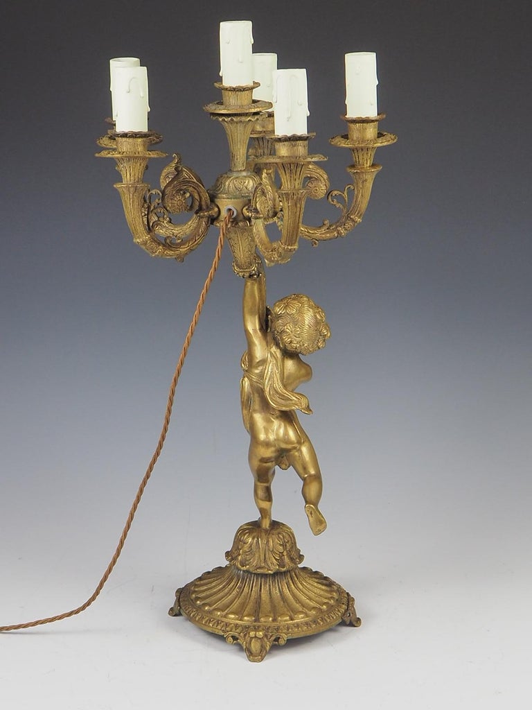 Antique Brass Cherub 6 Light Candelabra Lamp For Sale at 1stDibs