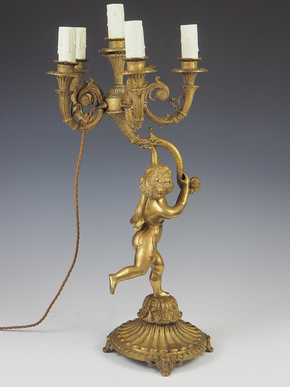 Antique Brass Cherub 6 Light Candelabra Lamp In Good Condition In Lincoln, GB