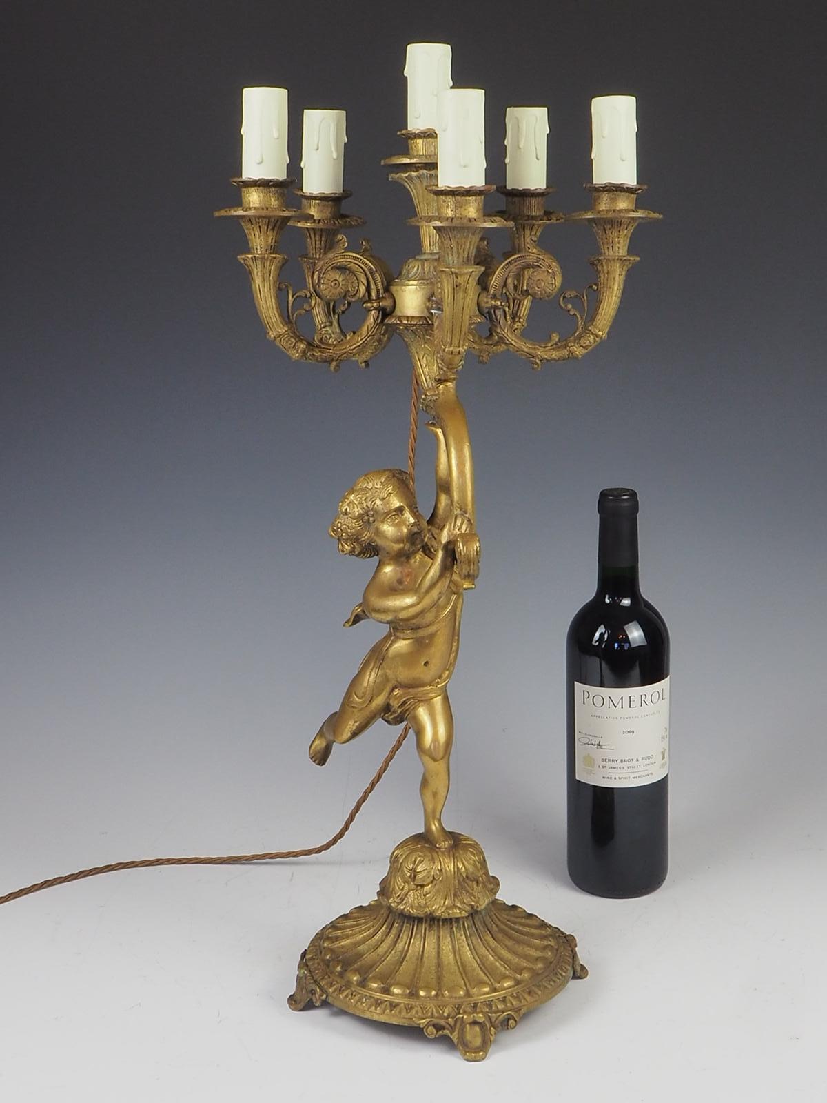 19th Century Antique Brass Cherub 6 Light Candelabra Lamp