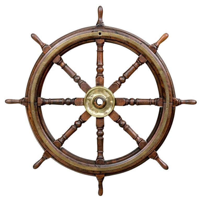 Antique Brass Clad Mahogany Ships Wheel