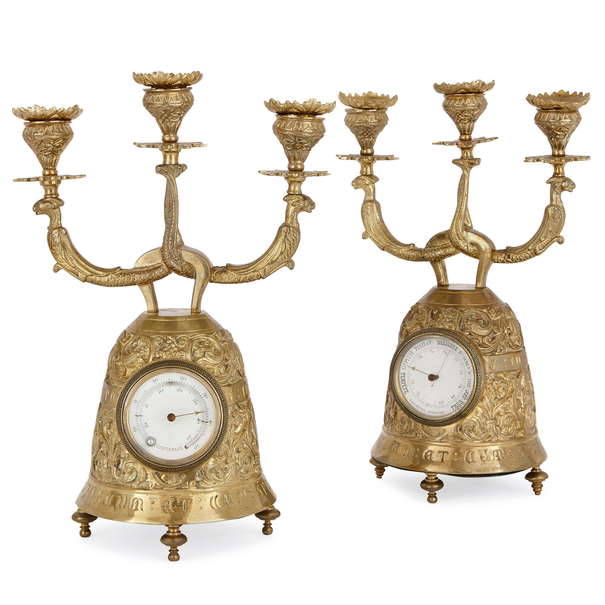 French Antique brass clock set with religious decoration For Sale