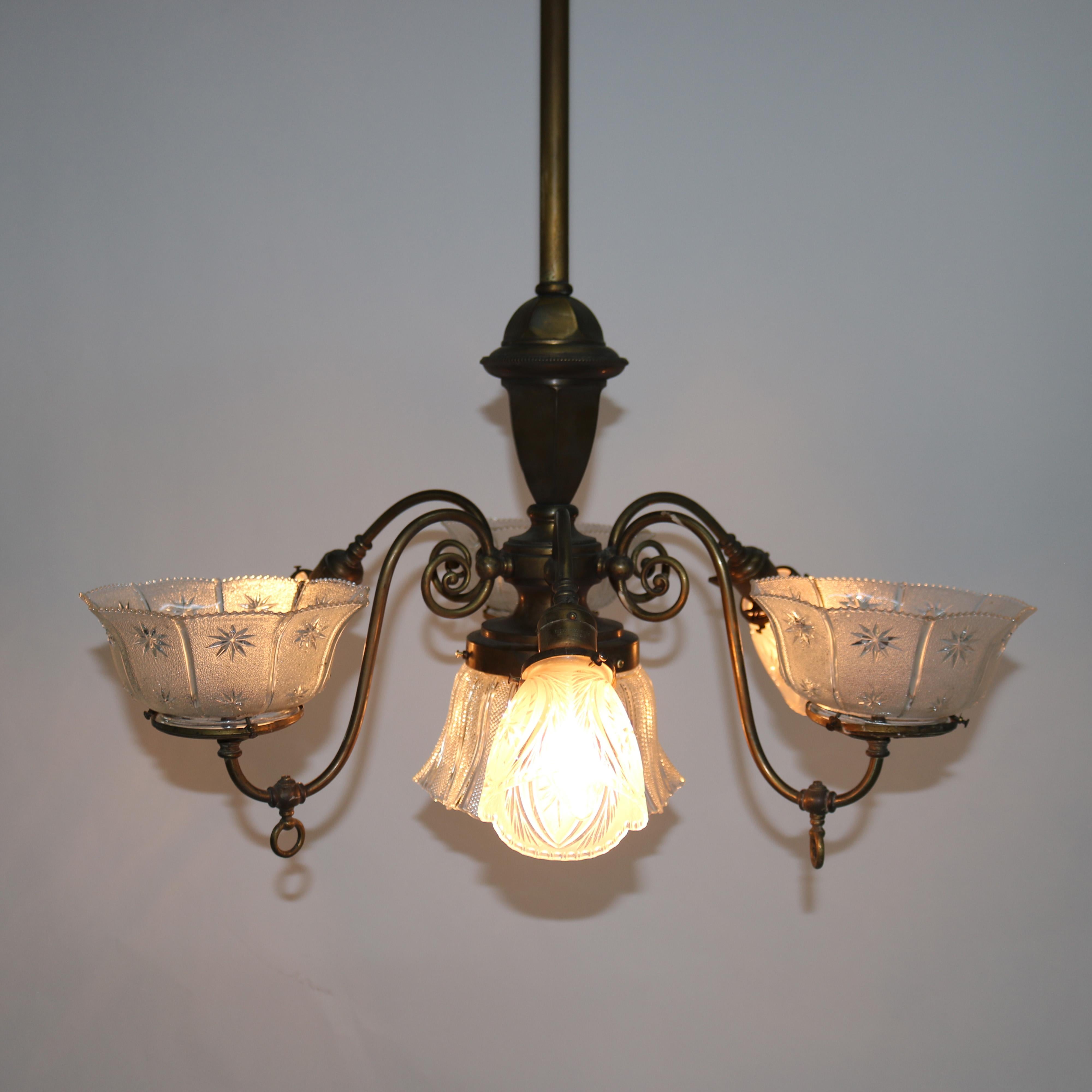 ***Reduced Delivery Rates - See Below or Click “Ask The Seller” to Request a Quote***

Antique Brass Combination Electric & Gas Seven-Light Up-&-Down Chandelier with Pressed & Cut Glass Shades C1890

Measures - 48 1/2