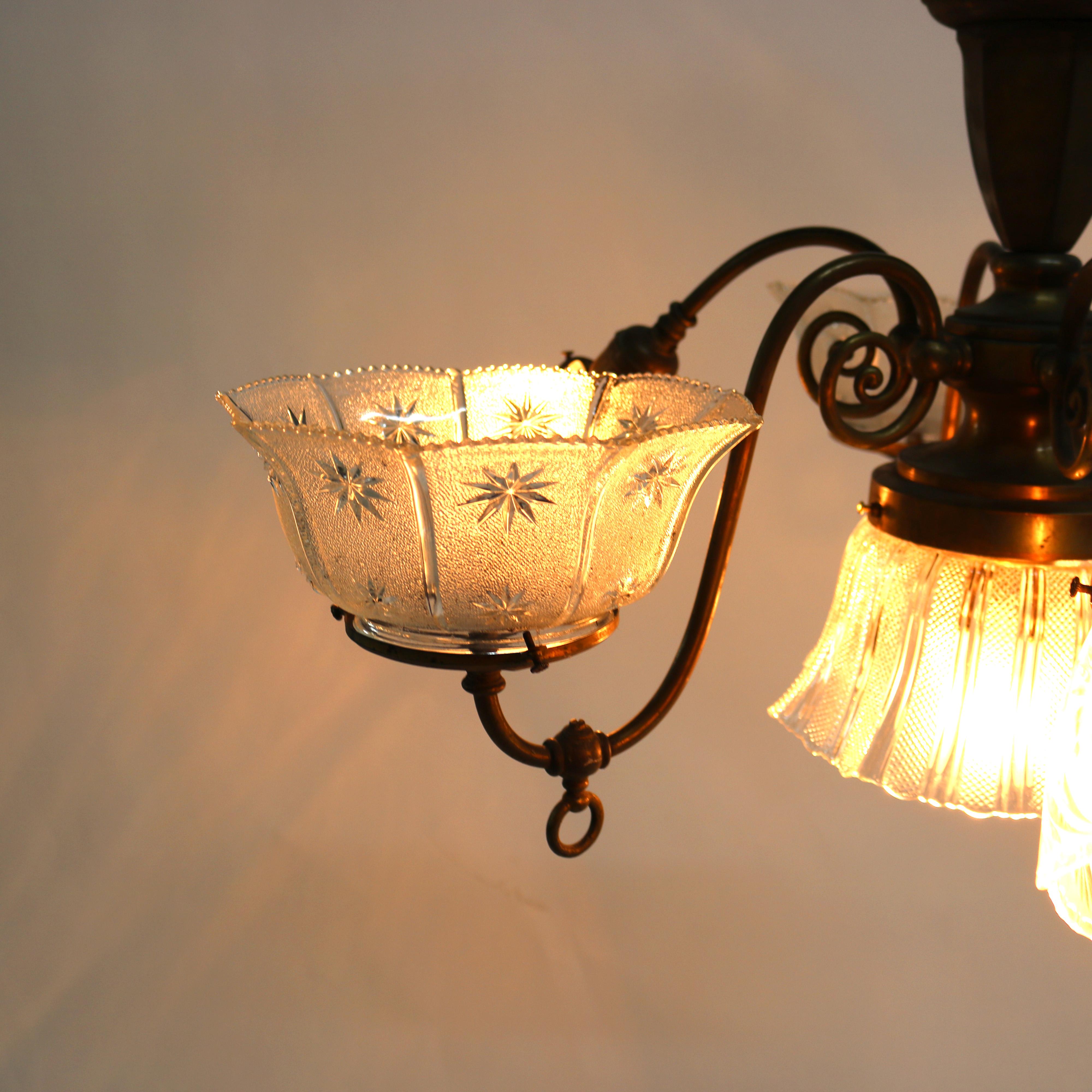 Victorian Antique Brass Combination Electric & Gas Seven-Light Up-&-Down Chandelier c1890