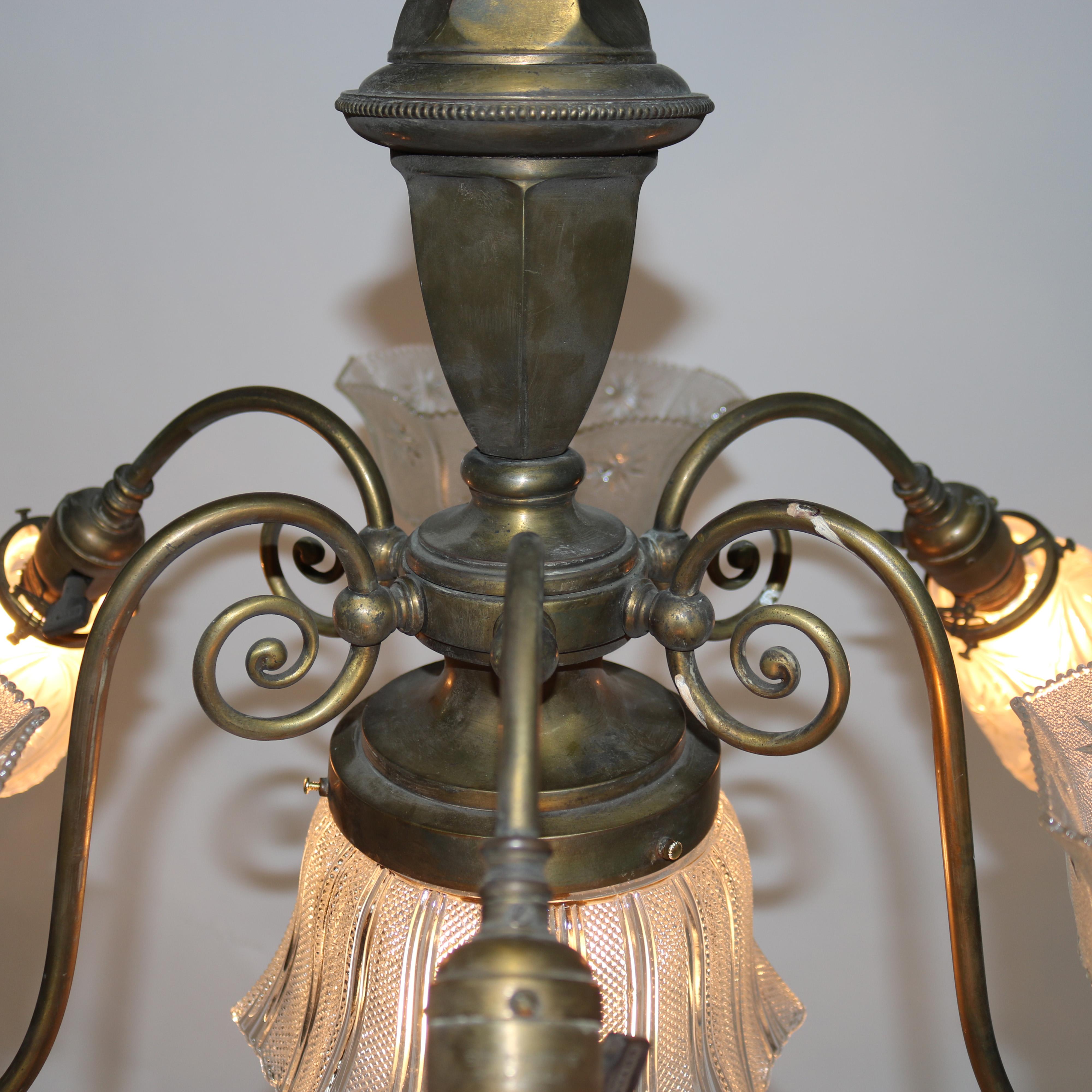 American Antique Brass Combination Electric & Gas Seven-Light Up-&-Down Chandelier c1890