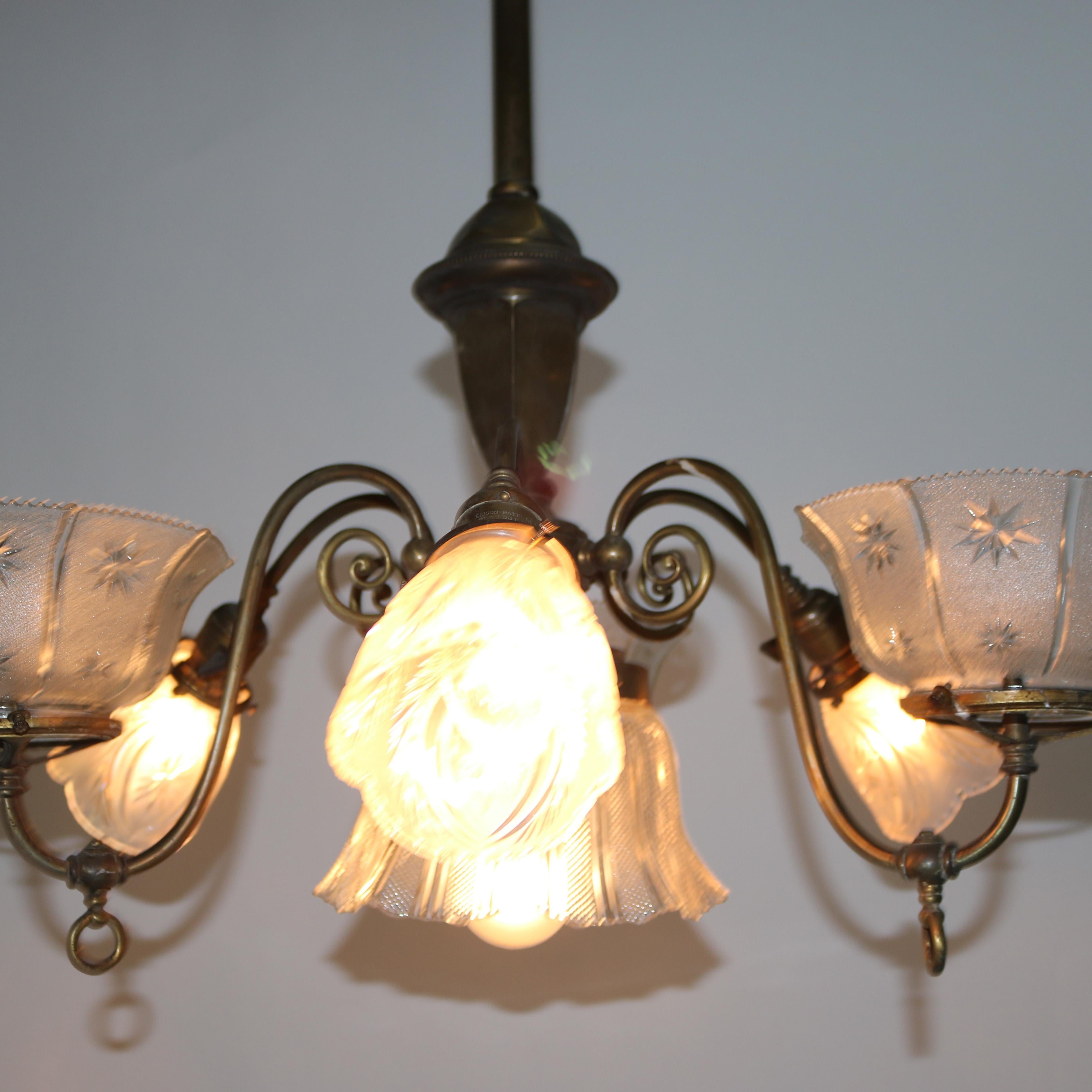 19th Century Antique Brass Combination Electric & Gas Seven-Light Up-&-Down Chandelier c1890