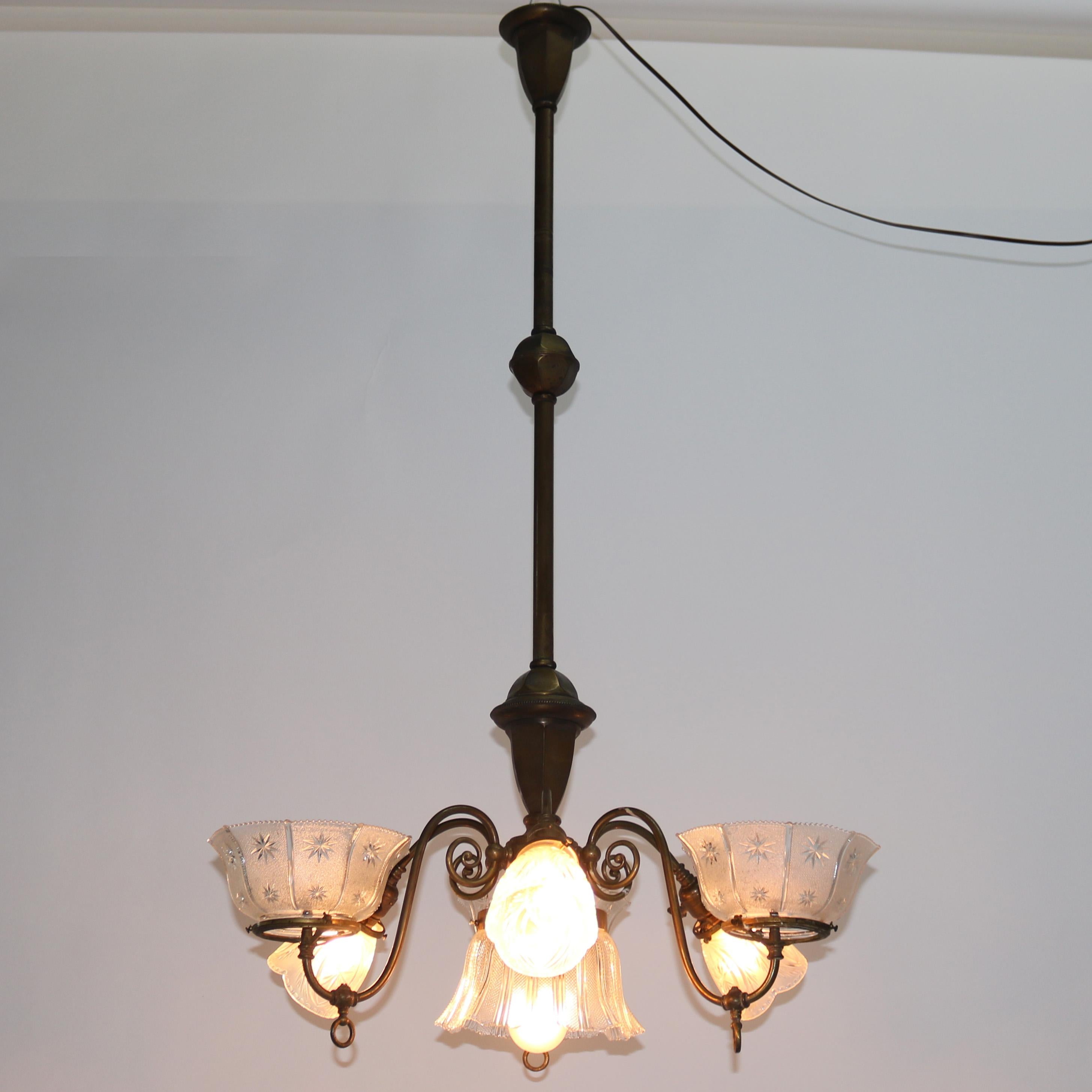 Antique Brass Combination Electric & Gas Seven-Light Up-&-Down Chandelier c1890 1