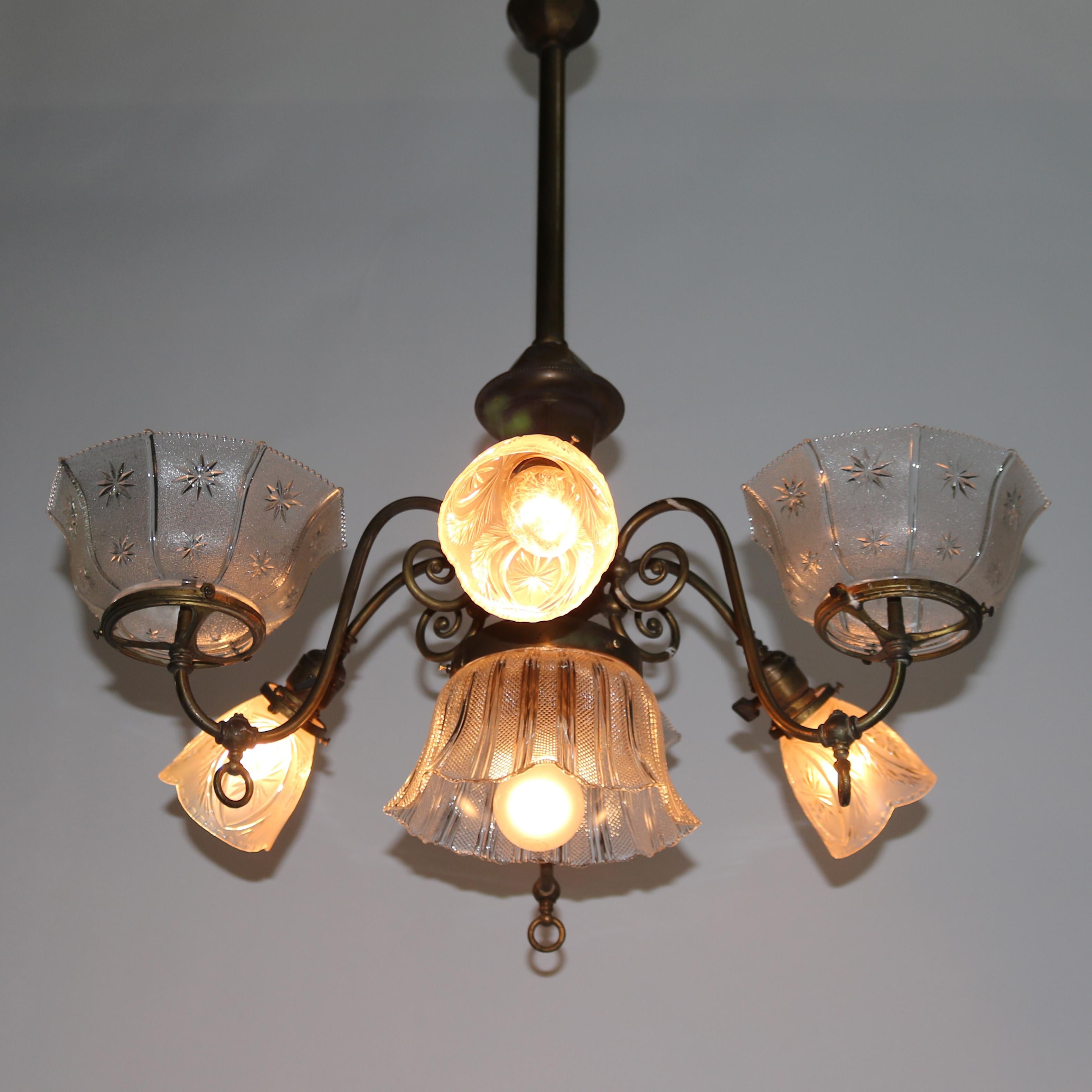 Antique Brass Combination Electric & Gas Seven-Light Up-&-Down Chandelier c1890 2