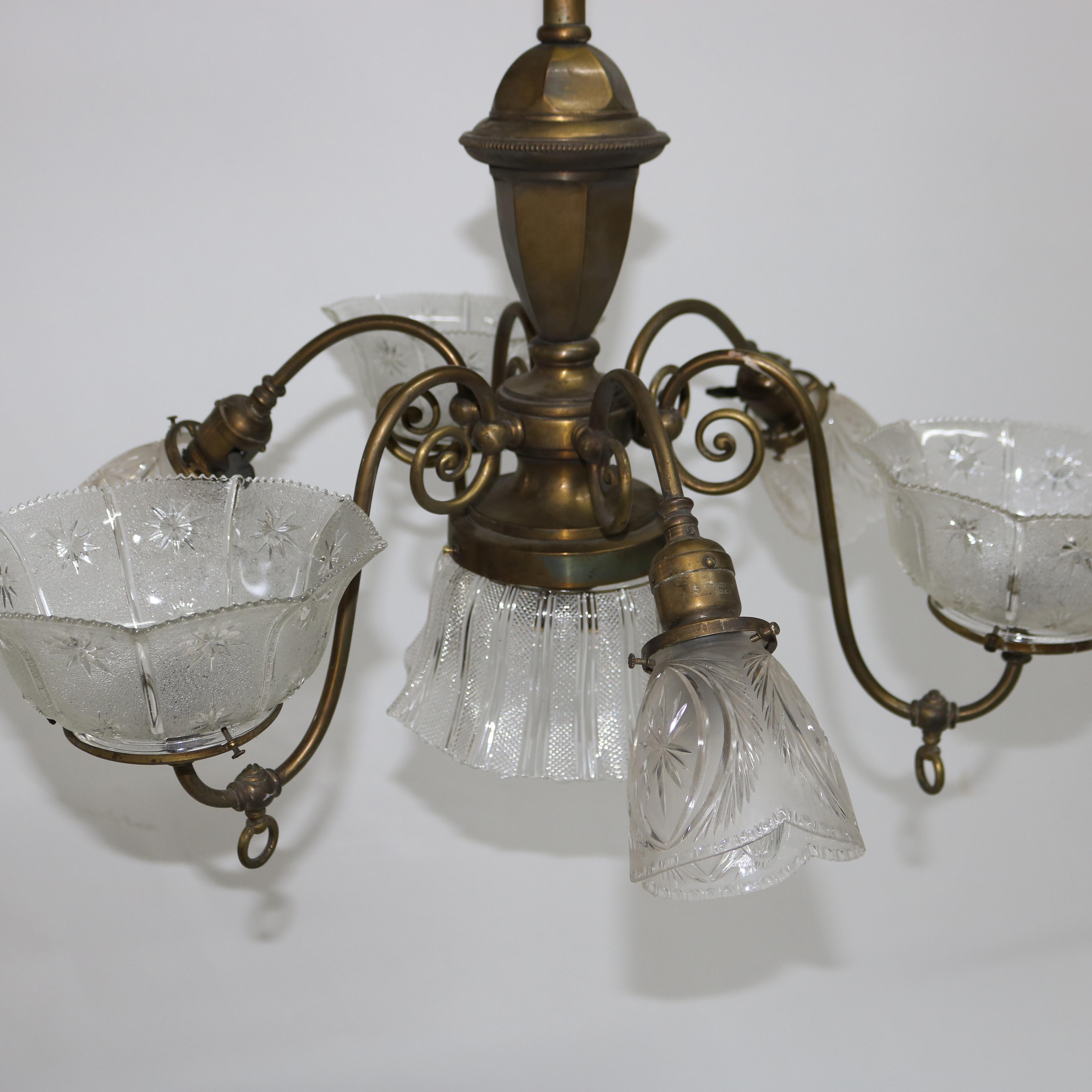 Antique Brass Combination Electric & Gas Seven-Light Up-&-Down Chandelier c1890 3