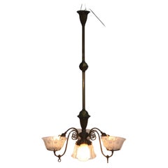 Antique Brass Combination Electric & Gas Seven-Light Up-&-Down Chandelier c1890