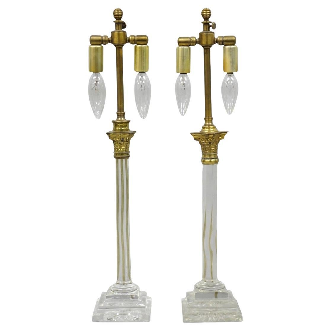 Antique Brass Corinthian Column Crystal Glass Candlestick Small Table Lamps Pair