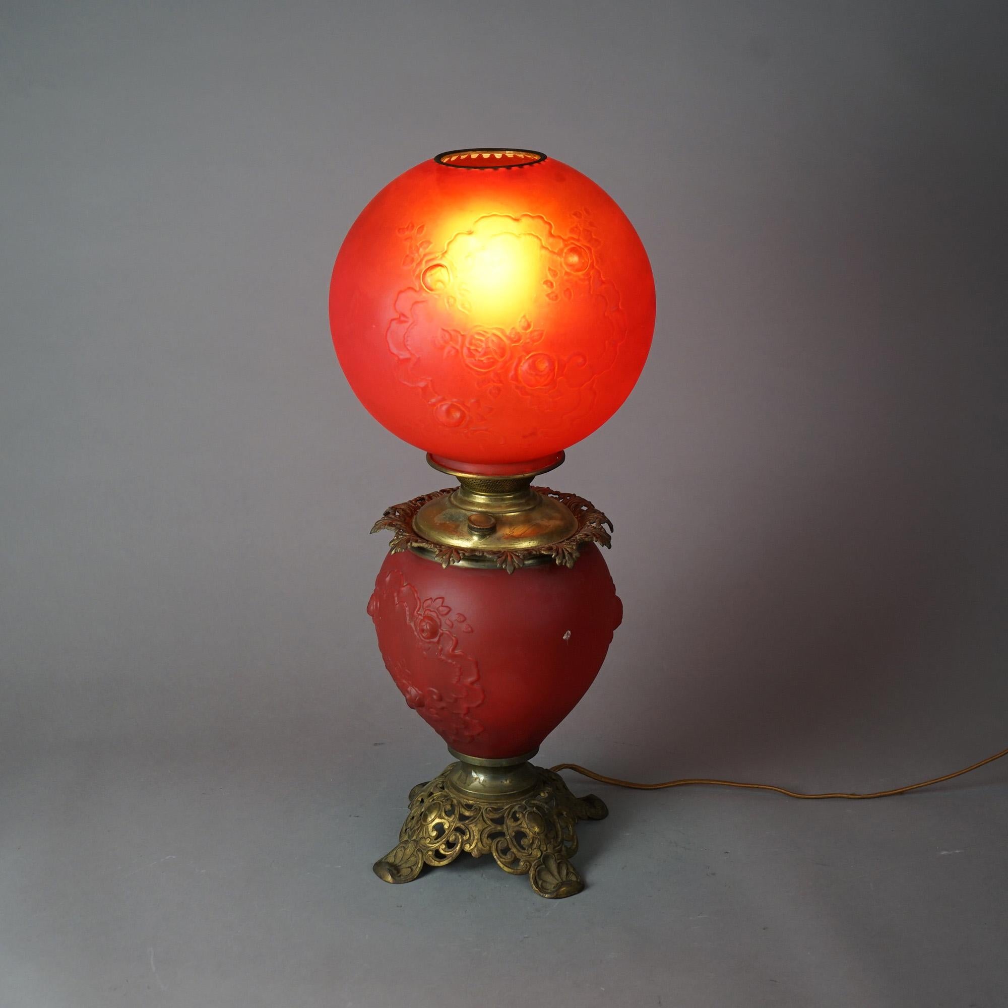 Antique Brass & Cranberry Glass Gone With The Wind Floral Embossed Lamp c1890 For Sale 5