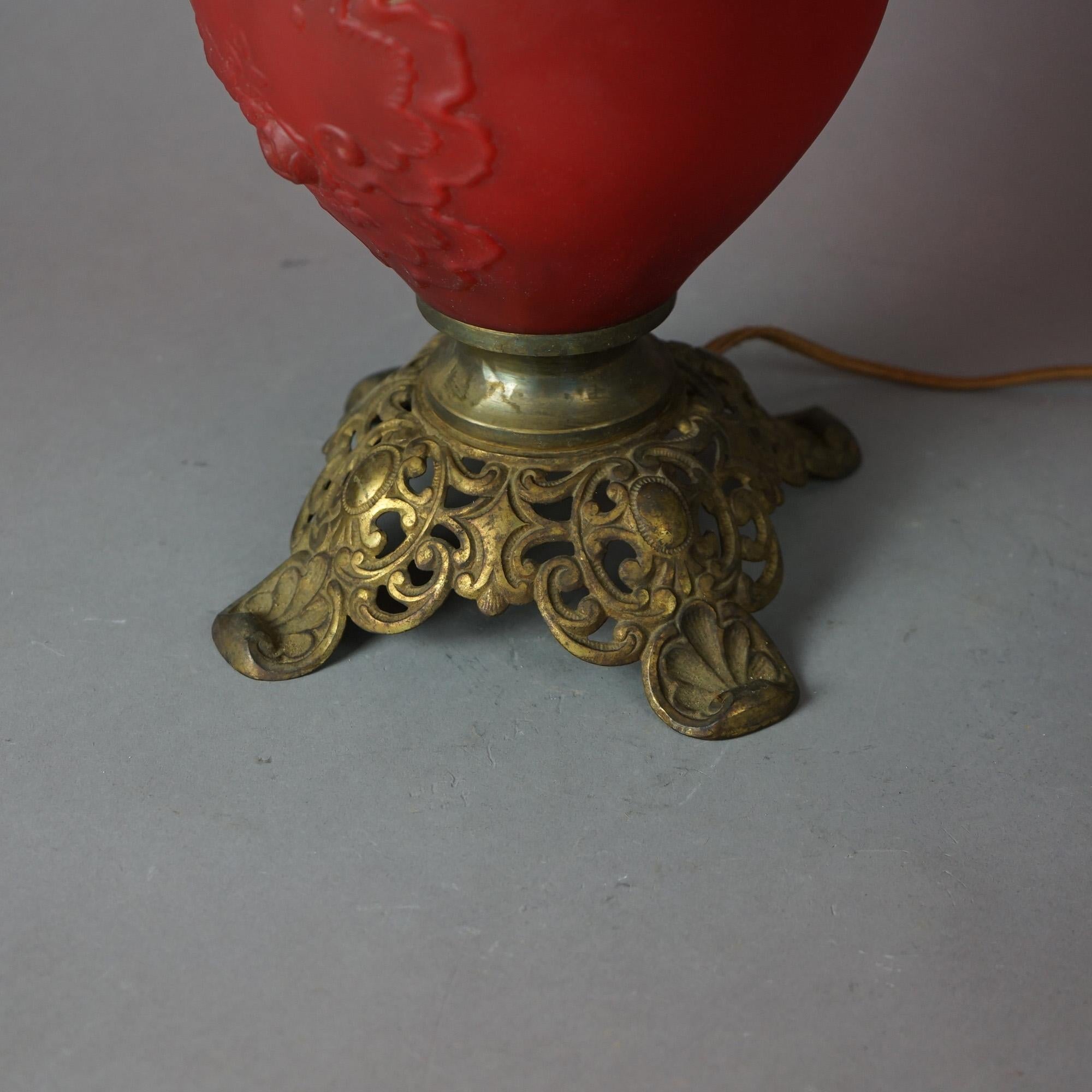 Antique Brass & Cranberry Glass Gone With The Wind Floral Embossed Lamp c1890 For Sale 6