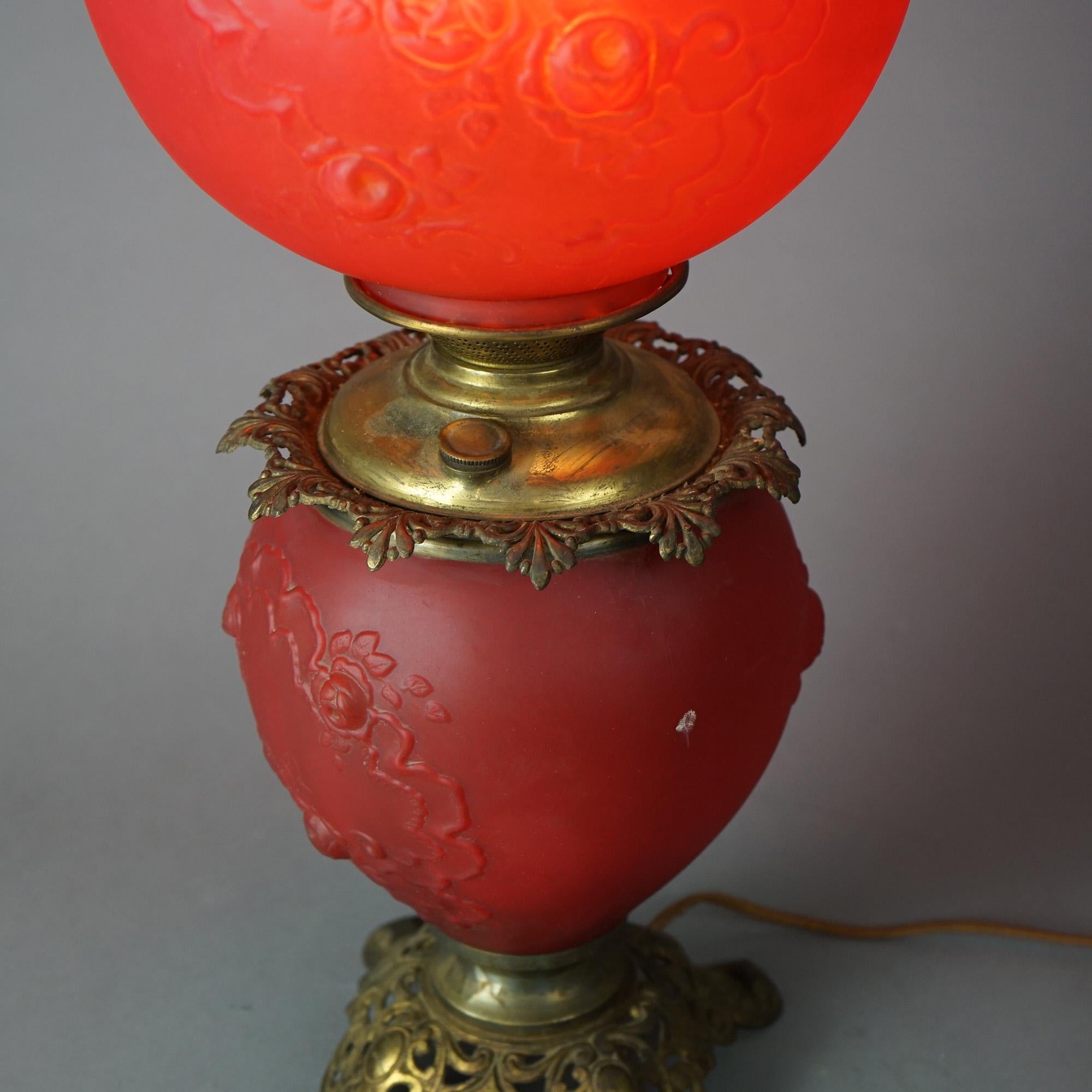 Antique Brass & Cranberry Glass Gone With The Wind Floral Embossed Lamp c1890 For Sale 7