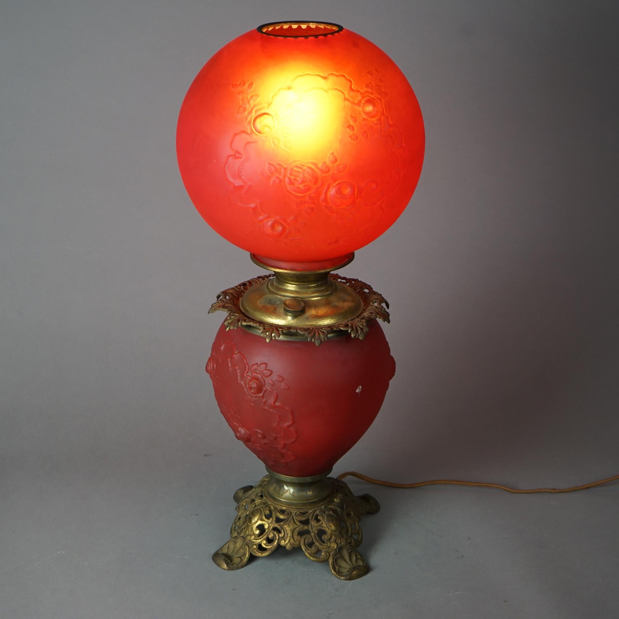 Antique Brass & Cranberry Glass Gone With The Wind Floral Embossed Lamp c1890 For Sale 8