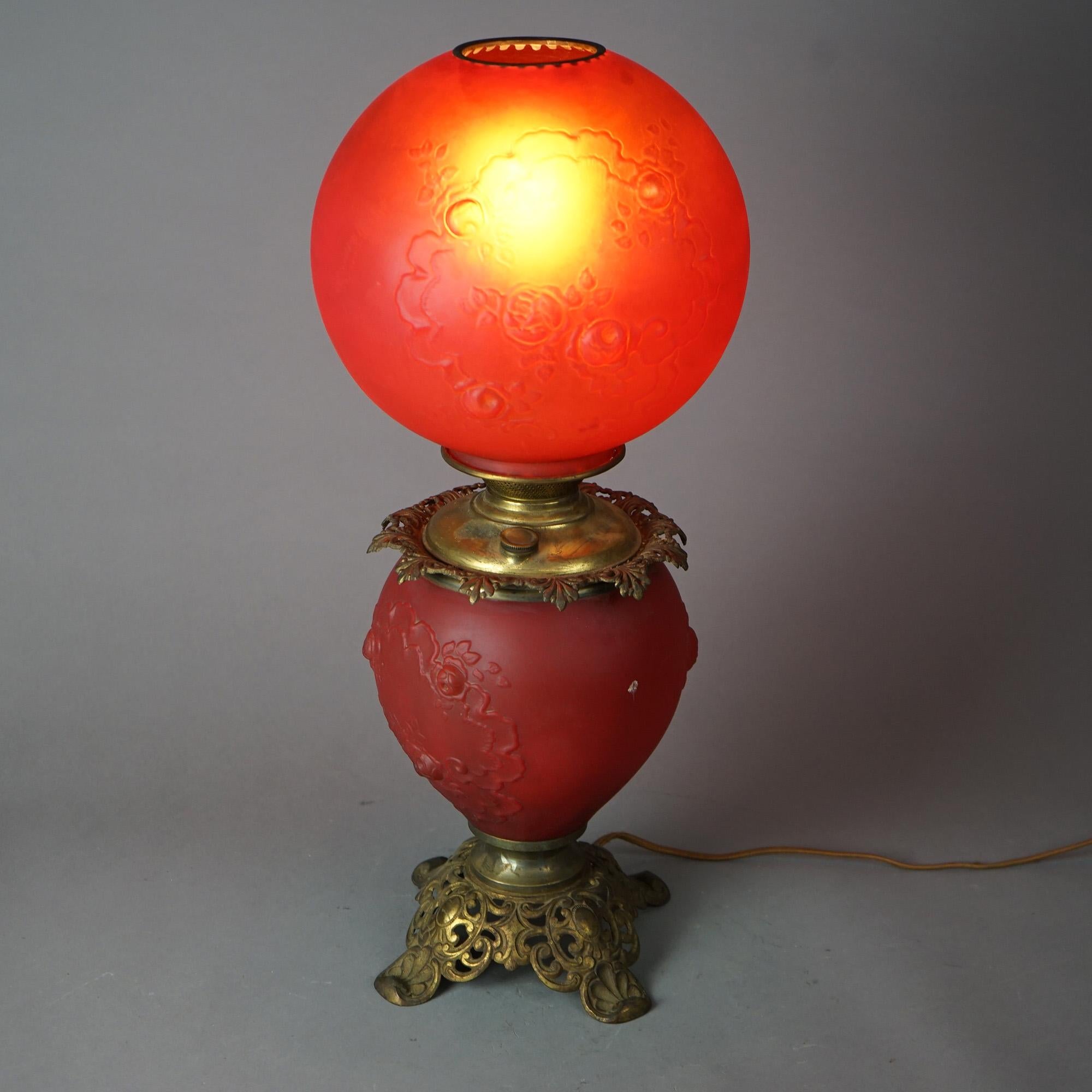 Antique Brass & Cranberry Glass Gone With The Wind Floral Embossed Lamp c1890 For Sale 5