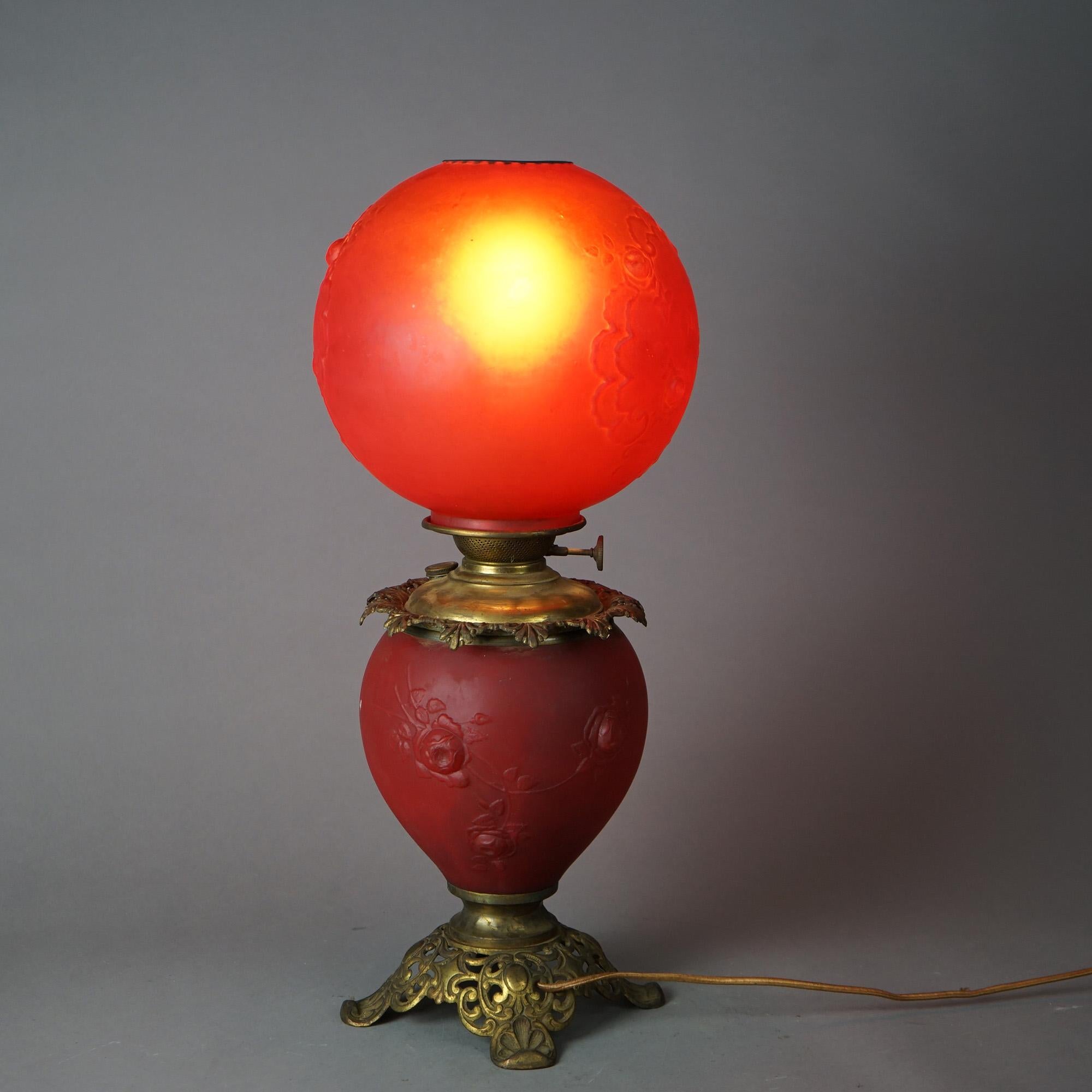 Antique Brass & Cranberry Glass Gone With The Wind Floral Embossed Lamp c1890 For Sale 9