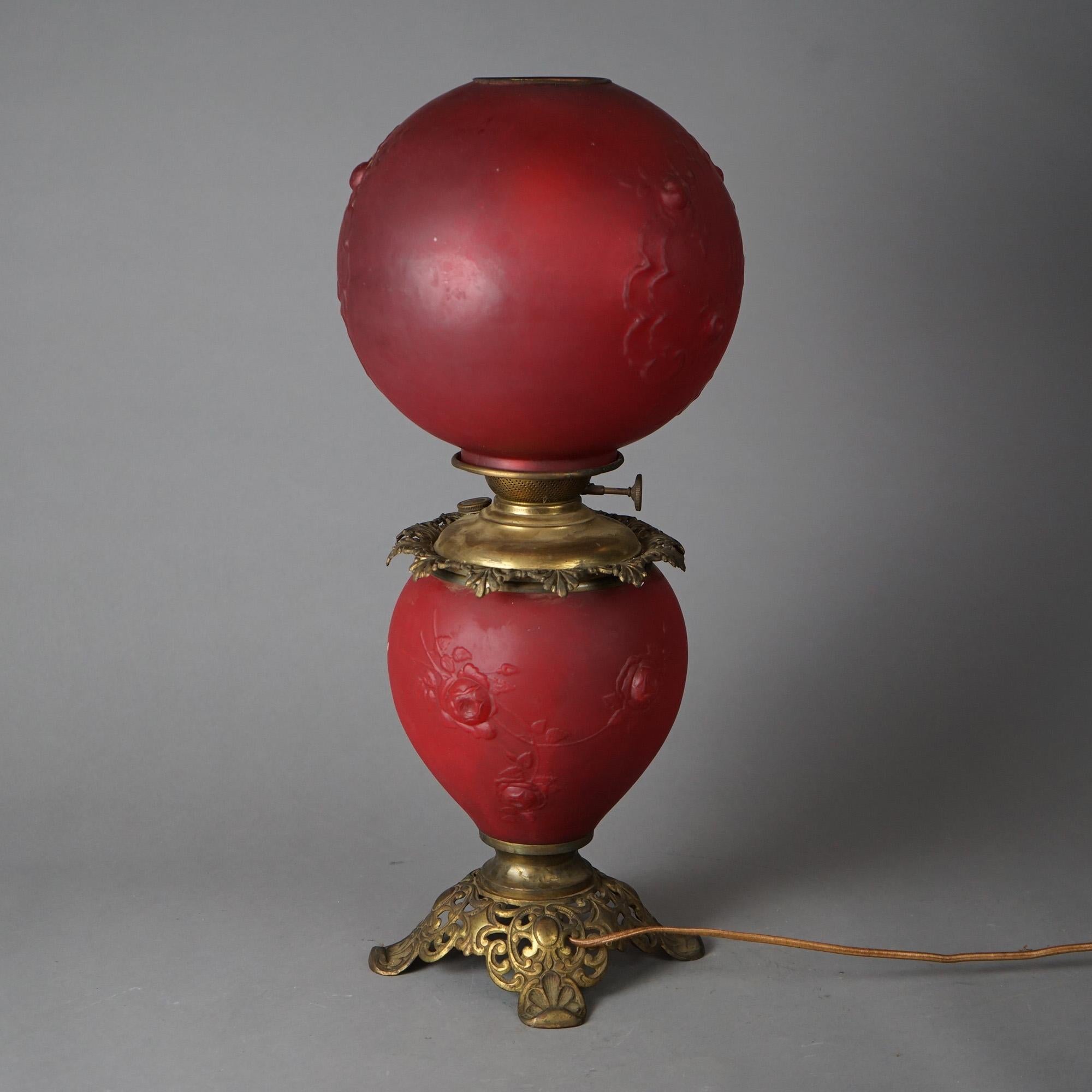 Antique Brass & Cranberry Glass Gone With The Wind Floral Embossed Lamp c1890 For Sale 10
