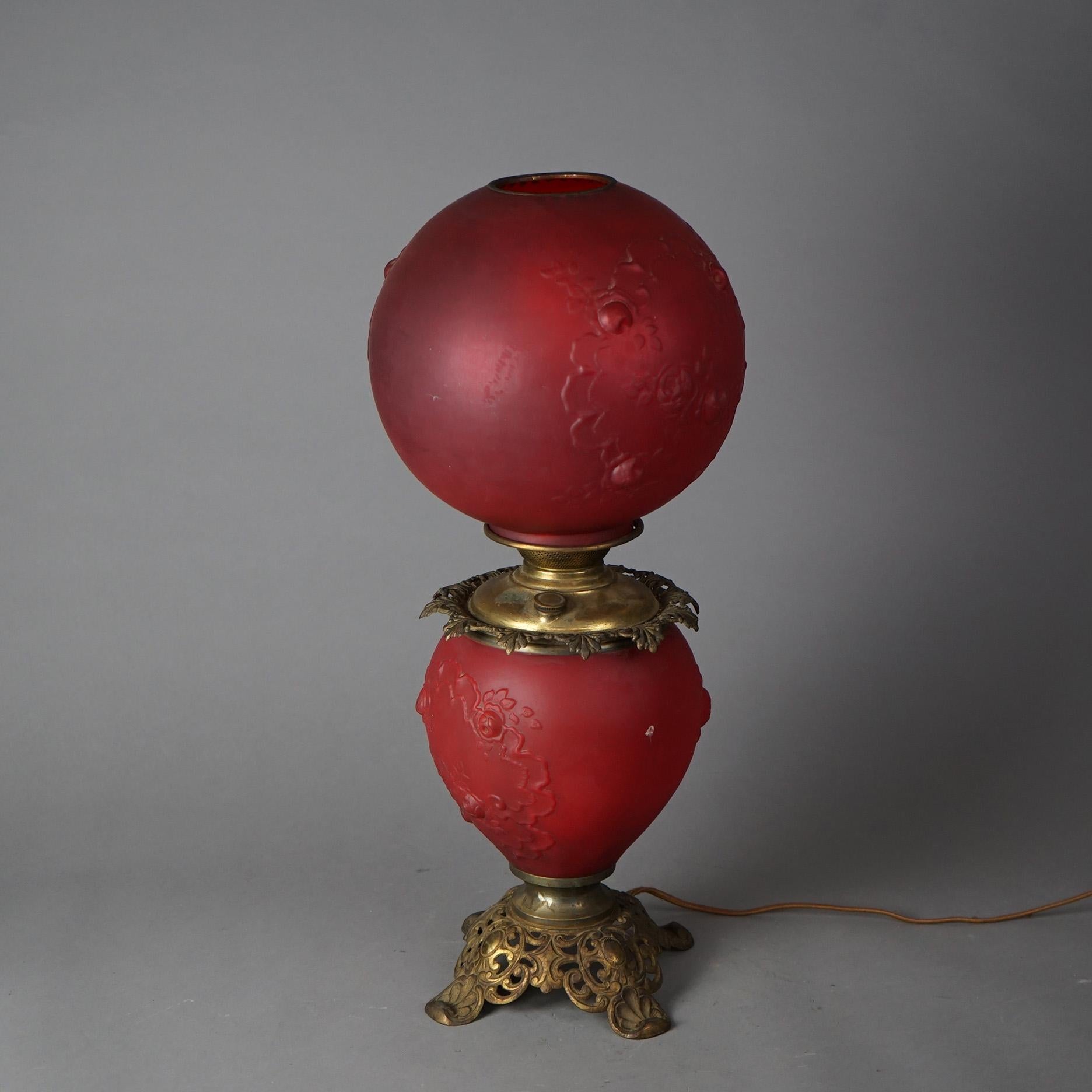 American Antique Brass & Cranberry Glass Gone With The Wind Floral Embossed Lamp c1890 For Sale