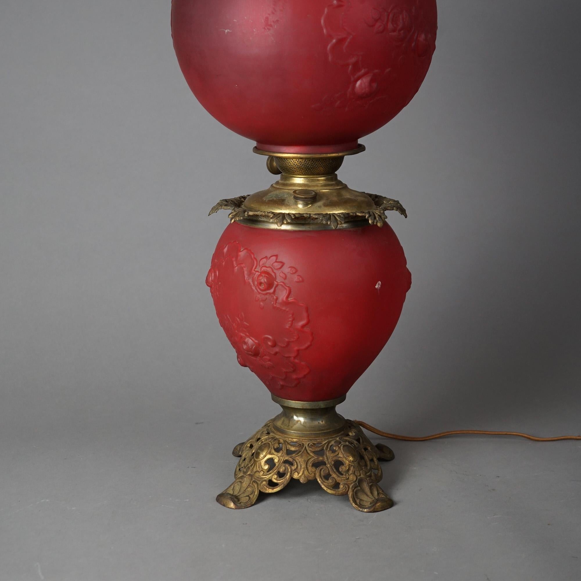 20th Century Antique Brass & Cranberry Glass Gone With The Wind Floral Embossed Lamp c1890 For Sale