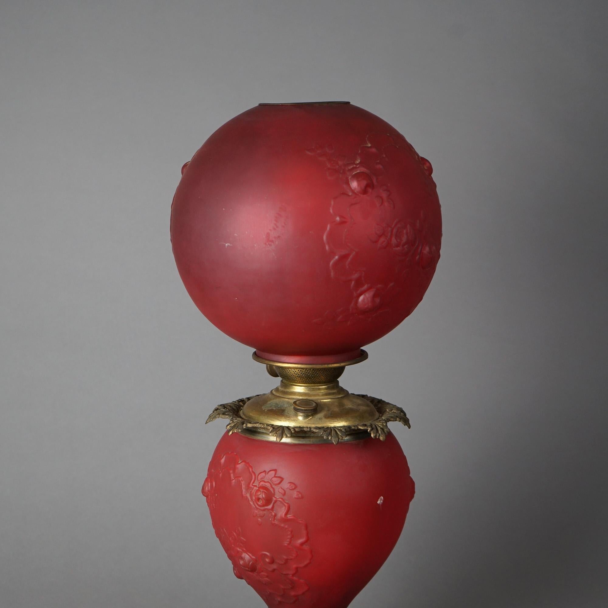 American Antique Brass & Cranberry Glass Gone With The Wind Floral Embossed Lamp c1890 For Sale