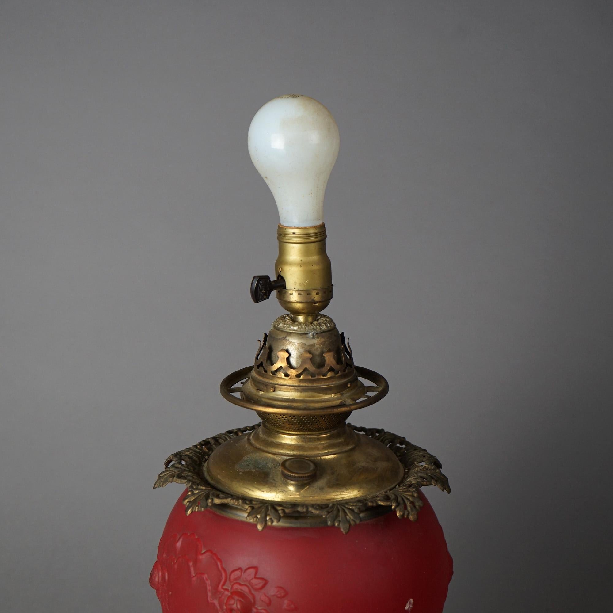 Antique Brass & Cranberry Glass Gone With The Wind Floral Embossed Lamp c1890 For Sale 2