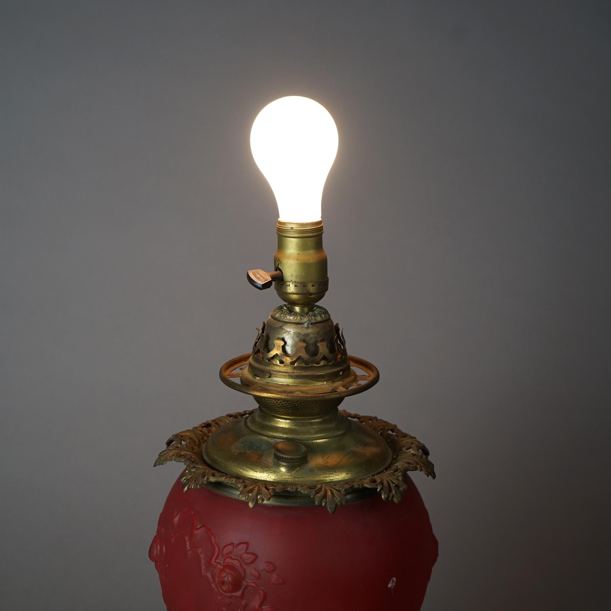 20th Century Antique Brass & Cranberry Glass Gone With The Wind Floral Embossed Lamp c1890 For Sale