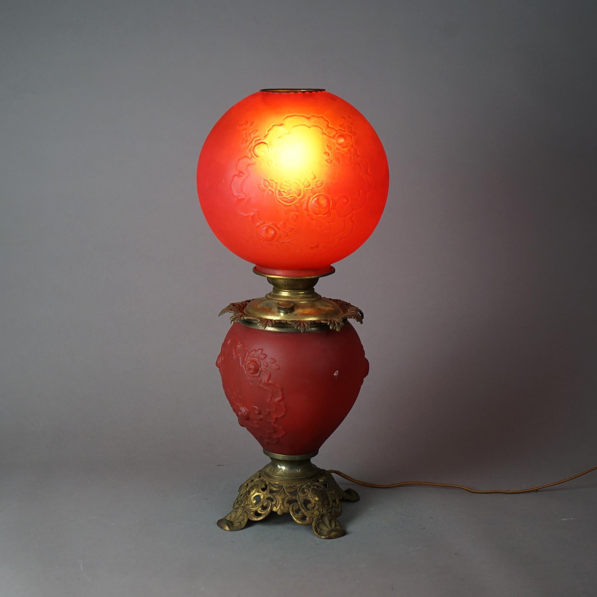 Antique Brass & Cranberry Glass Gone With The Wind Floral Embossed Lamp c1890 For Sale 1