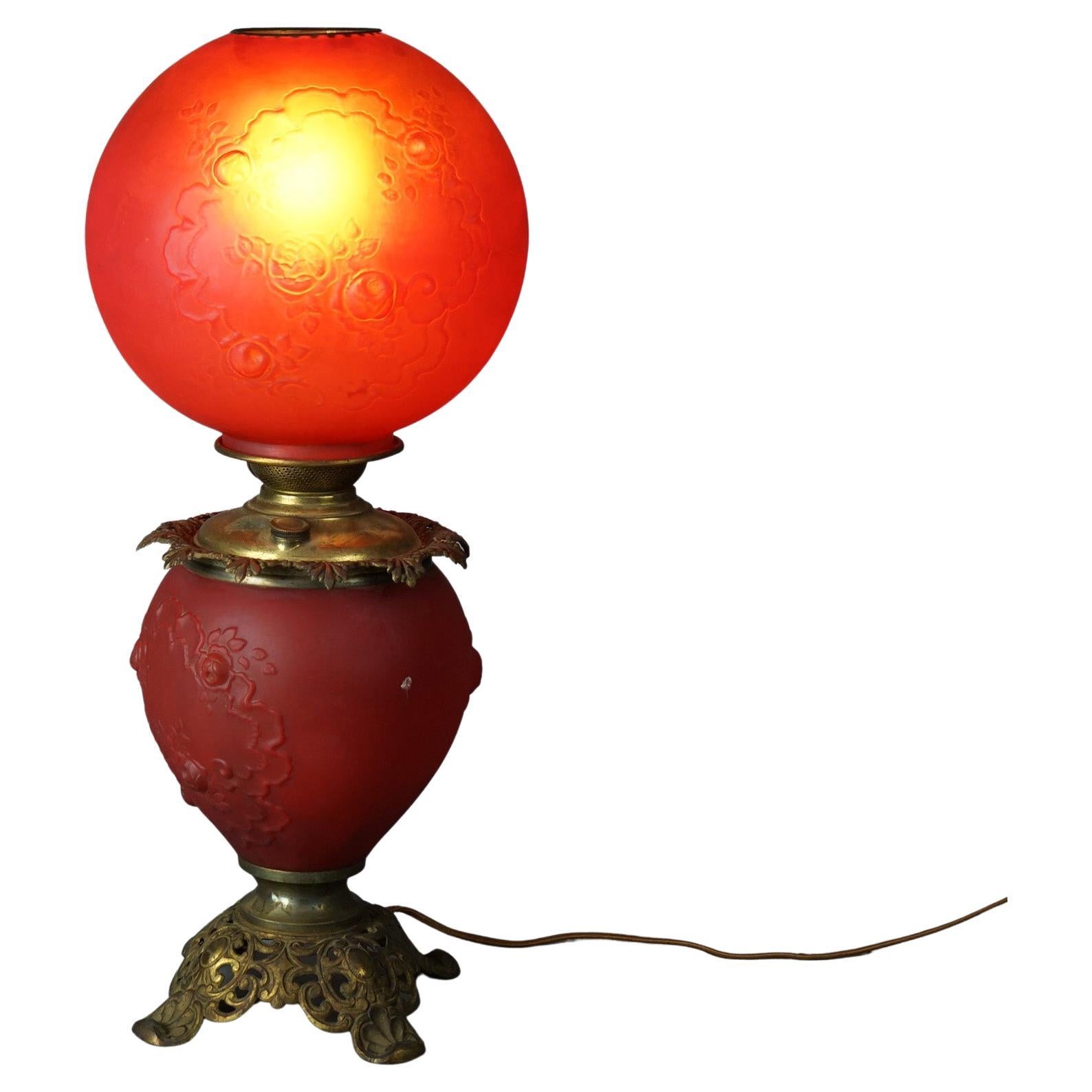 Antique Brass & Cranberry Glass Gone With The Wind Floral Embossed Lamp c1890 For Sale