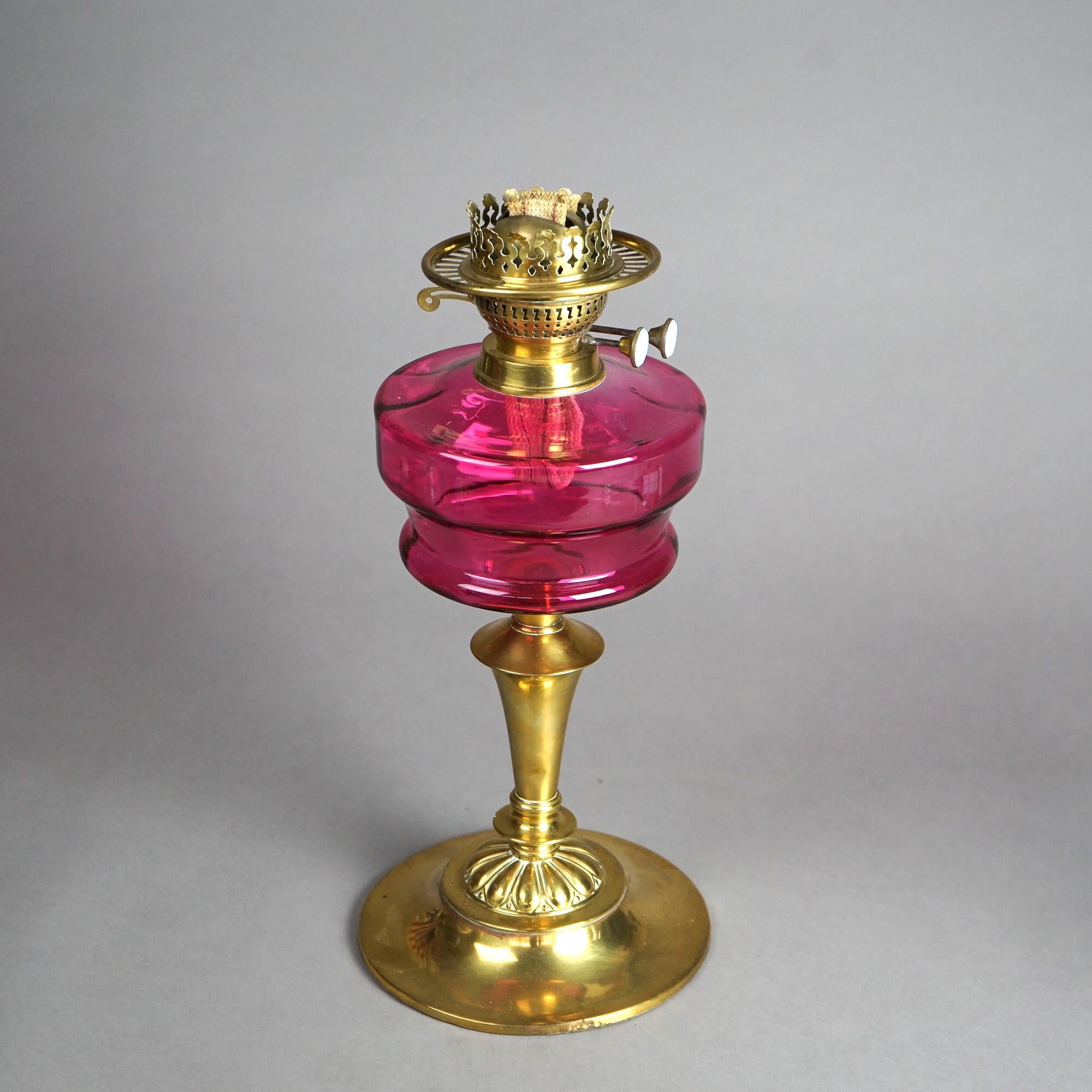 Antique Brass &Cranberry Glass “Gone With The Wind” Oil Lamp C1890 For Sale 4