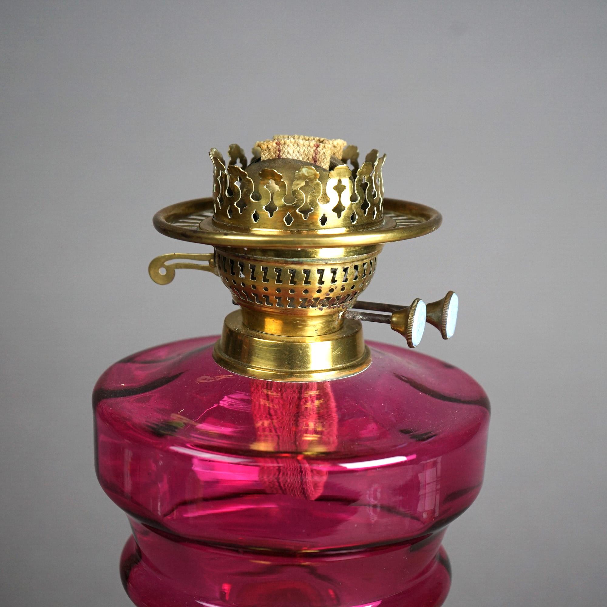Antique Brass &Cranberry Glass “Gone With The Wind” Oil Lamp C1890 For Sale 5