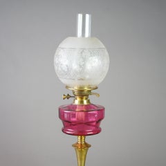 Antique Brass &Cranberry Glass “Gone With The Wind” Oil Lamp C1890