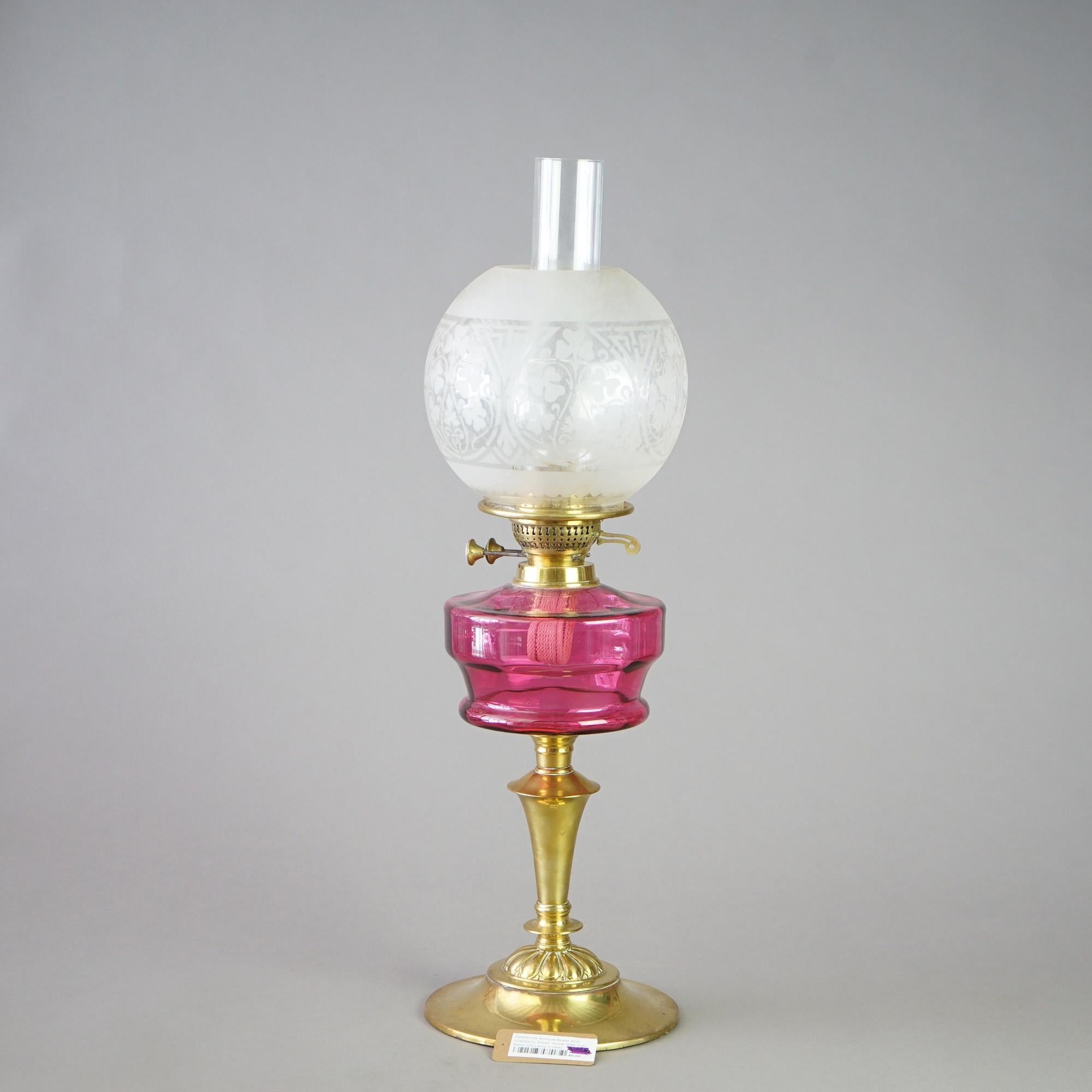 Victorian Antique Brass &Cranberry Glass “Gone With The Wind” Oil Lamp C1890 For Sale