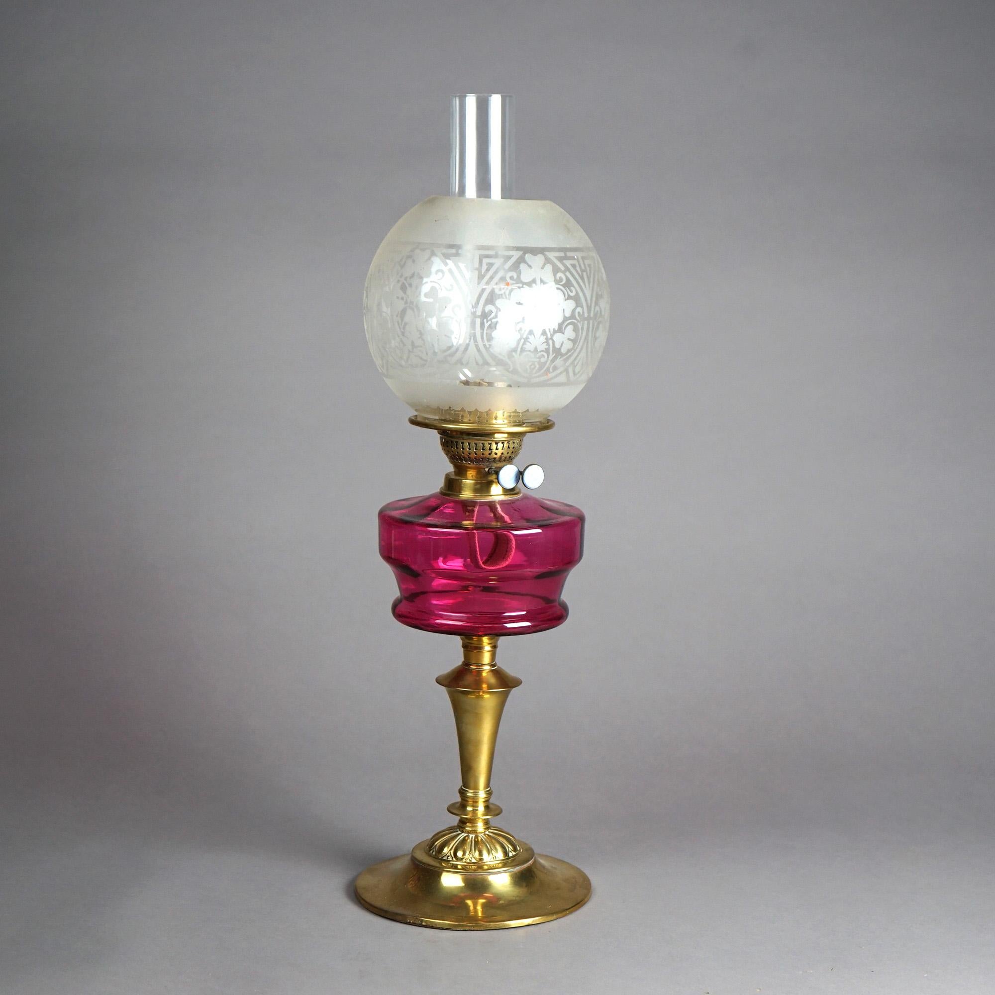 Antique Brass &Cranberry Glass “Gone With The Wind” Oil Lamp C1890 In Good Condition For Sale In Big Flats, NY