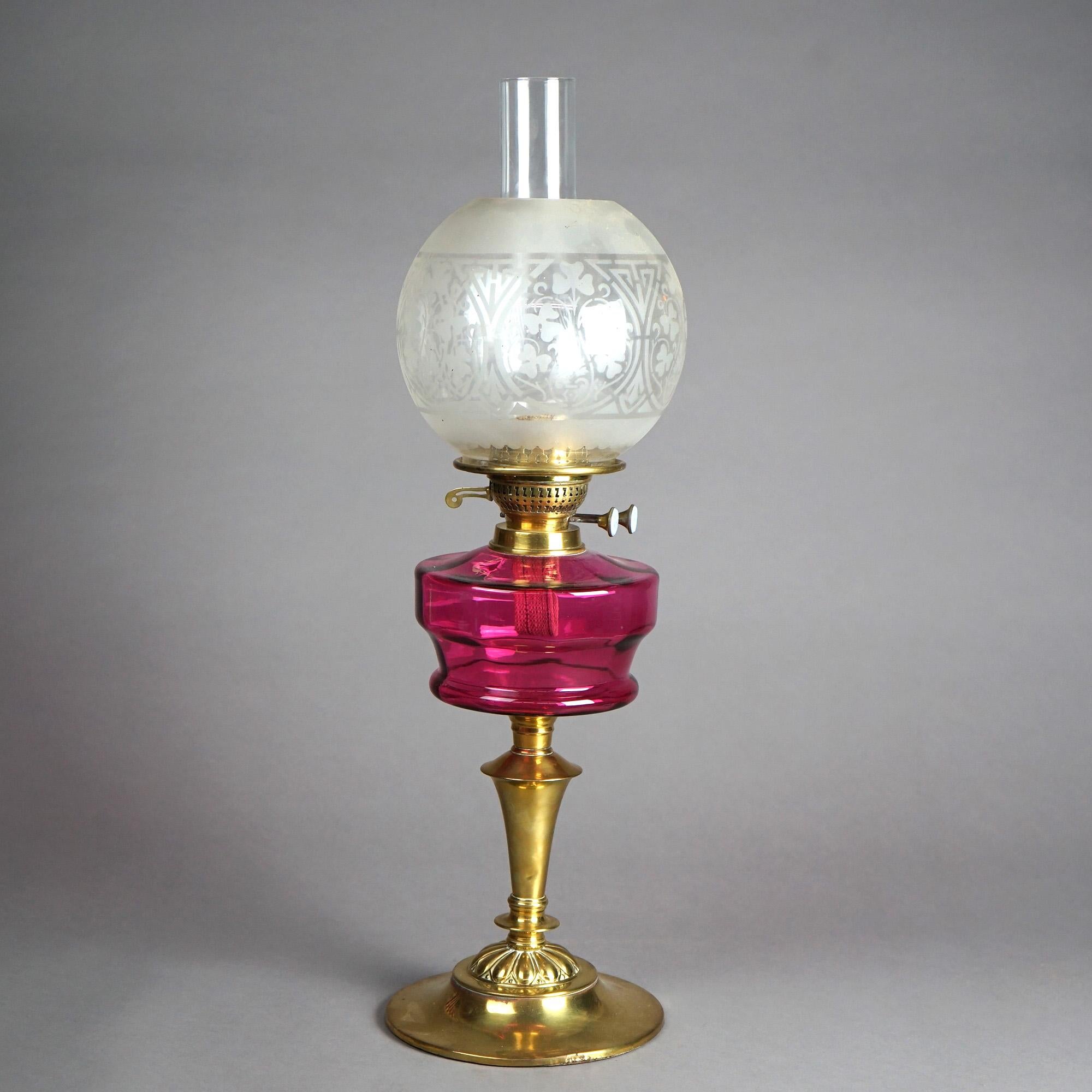 Antique Brass &Cranberry Glass “Gone With The Wind” Oil Lamp C1890 In Good Condition For Sale In Big Flats, NY