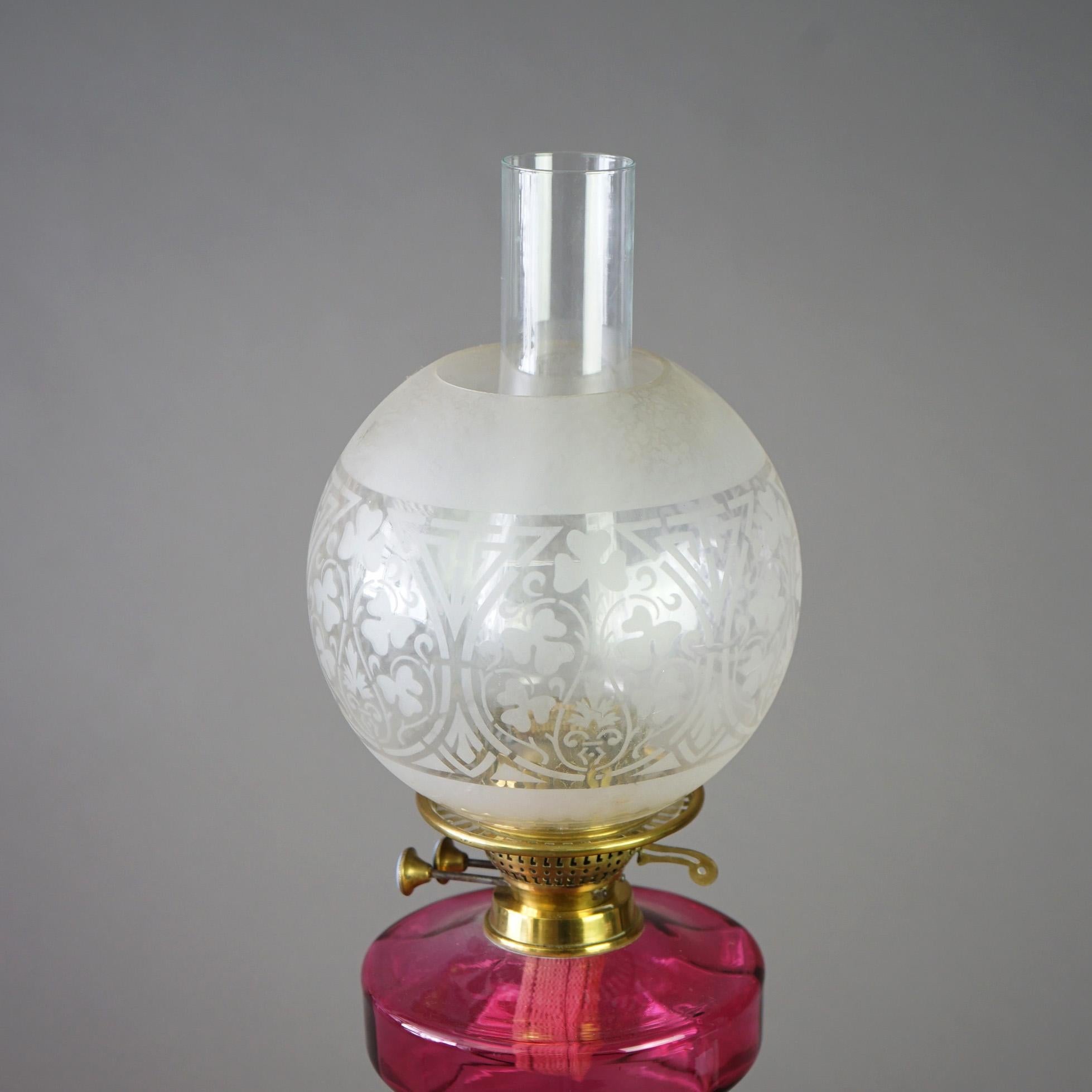 19th Century Antique Brass &Cranberry Glass “Gone With The Wind” Oil Lamp C1890 For Sale